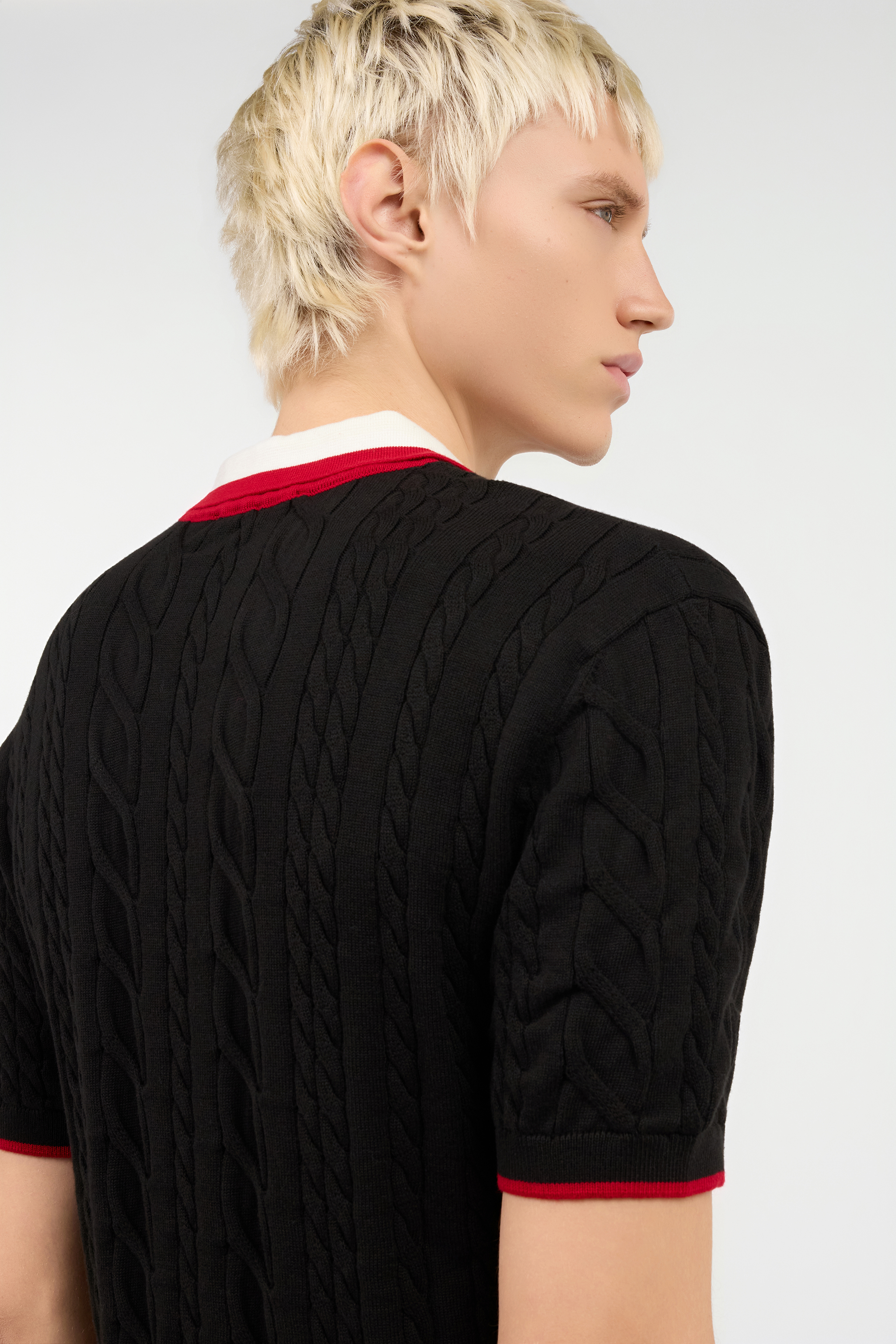 Black Cable Knit Polo With Contrast Trim