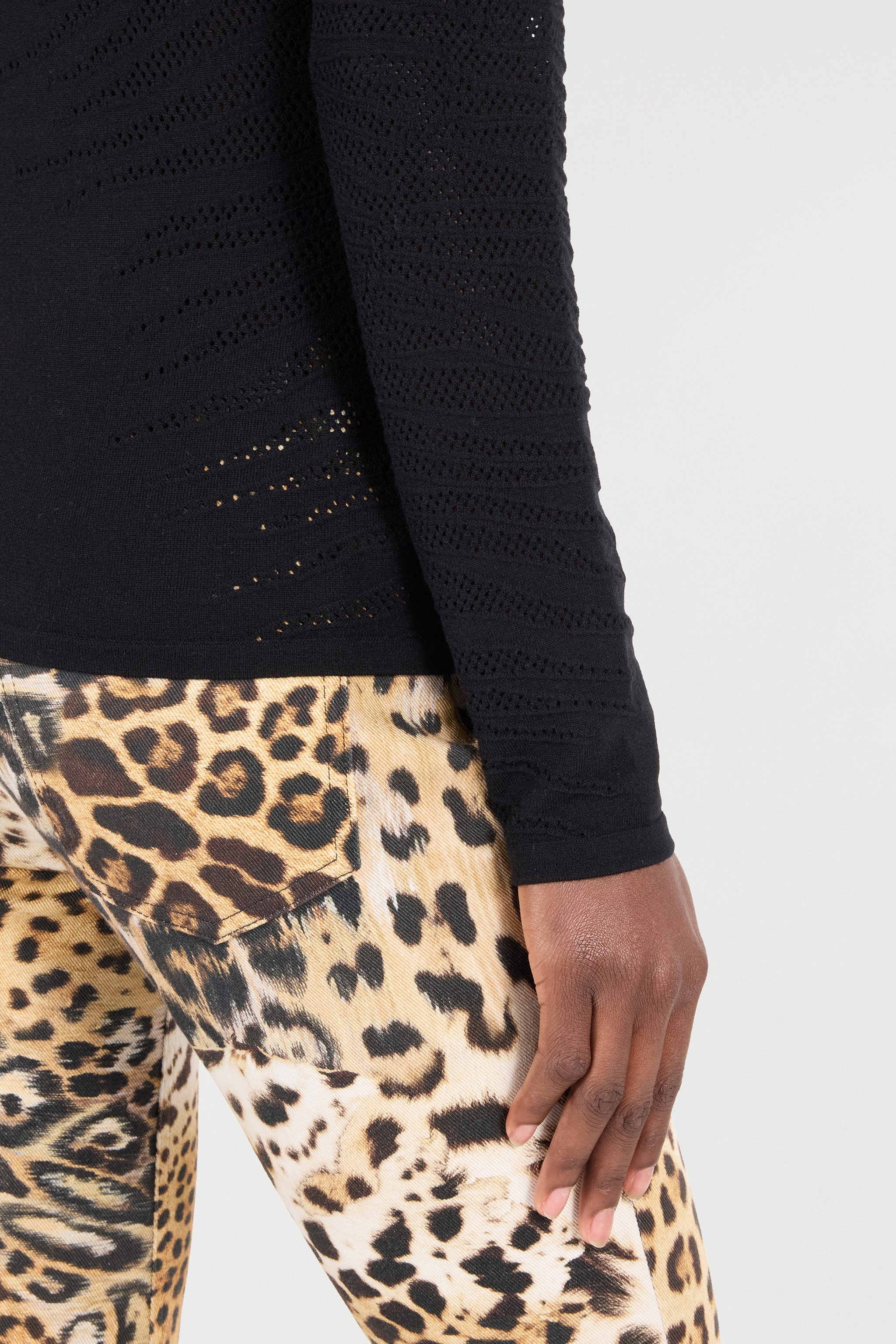 Roberto Cavalli Knit Top With Perforated Tiger Skin Pattern In Black