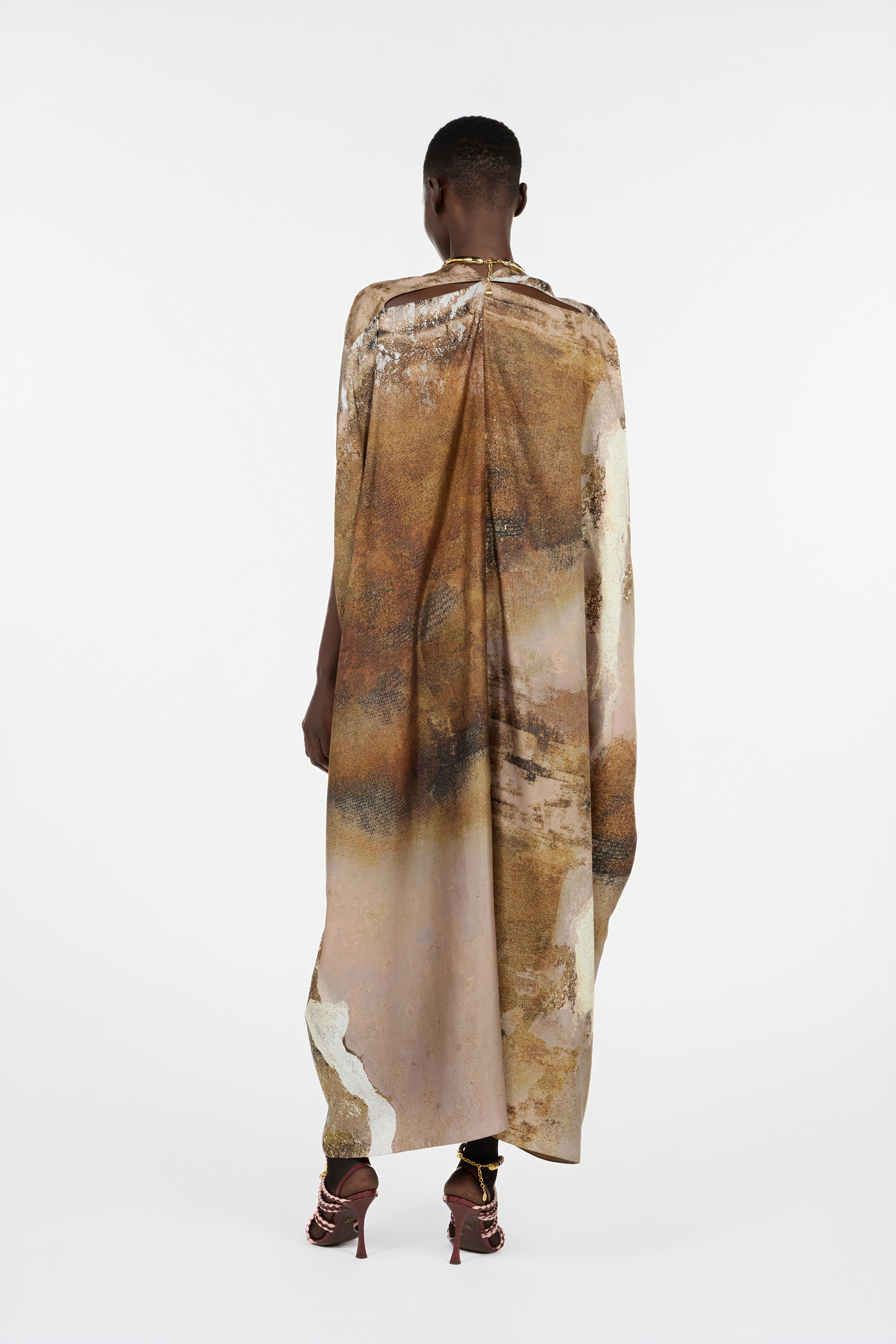 Roberto Cavalli Beige Silk Caftan With Marble Print In Brown