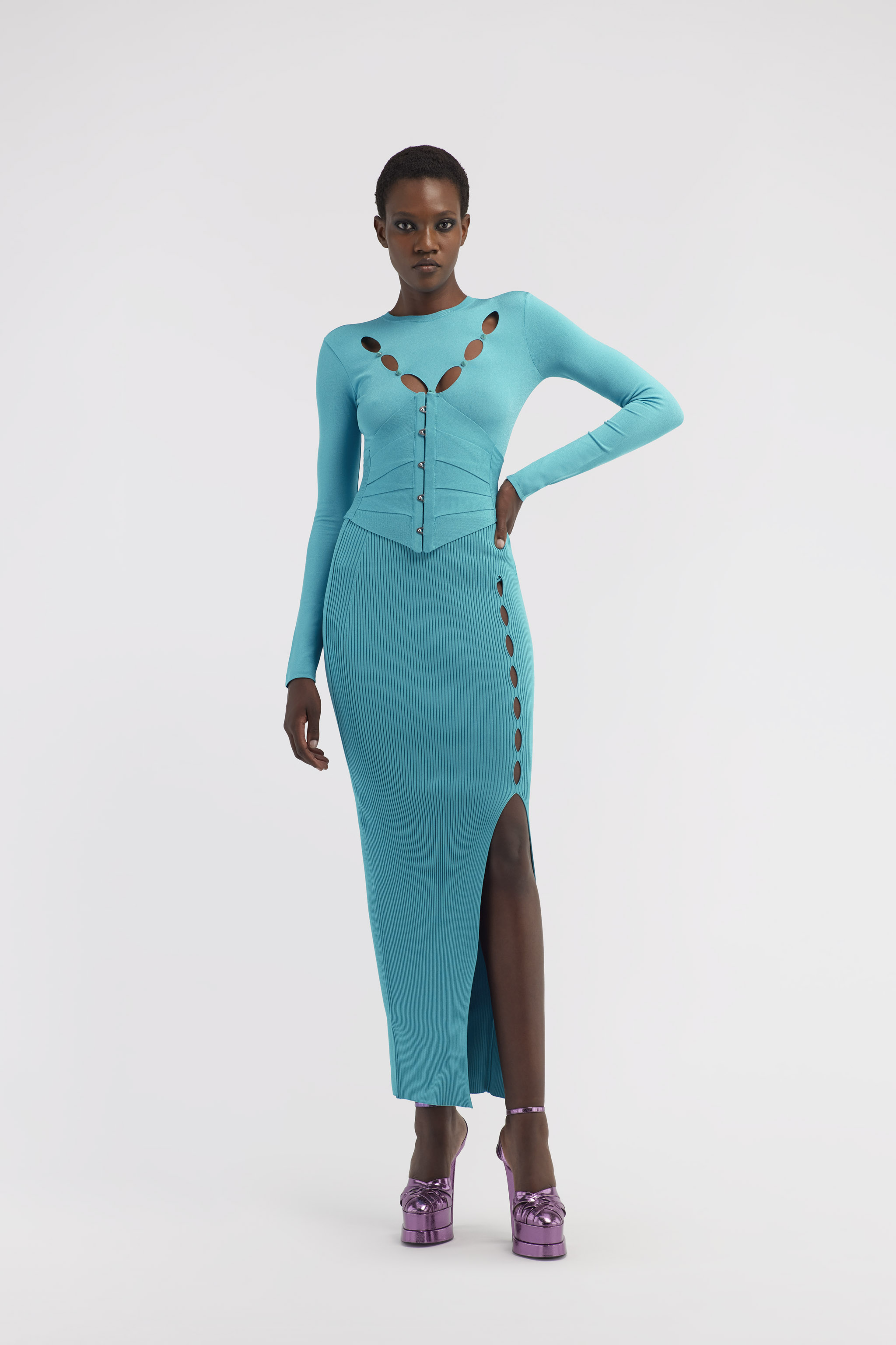 Shop Roberto Cavalli Ribbed Long Skirt With Cut-out In Light Blue
