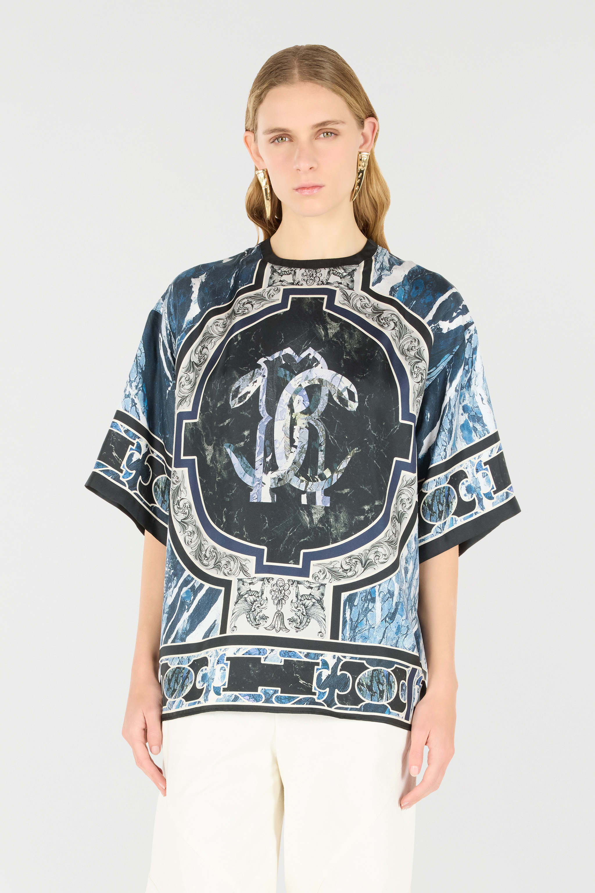  Roberto Cavalli T-shirt With Mirror Snake Monogram And Marble Print - Female Ready To Wear Dark Blue 46 