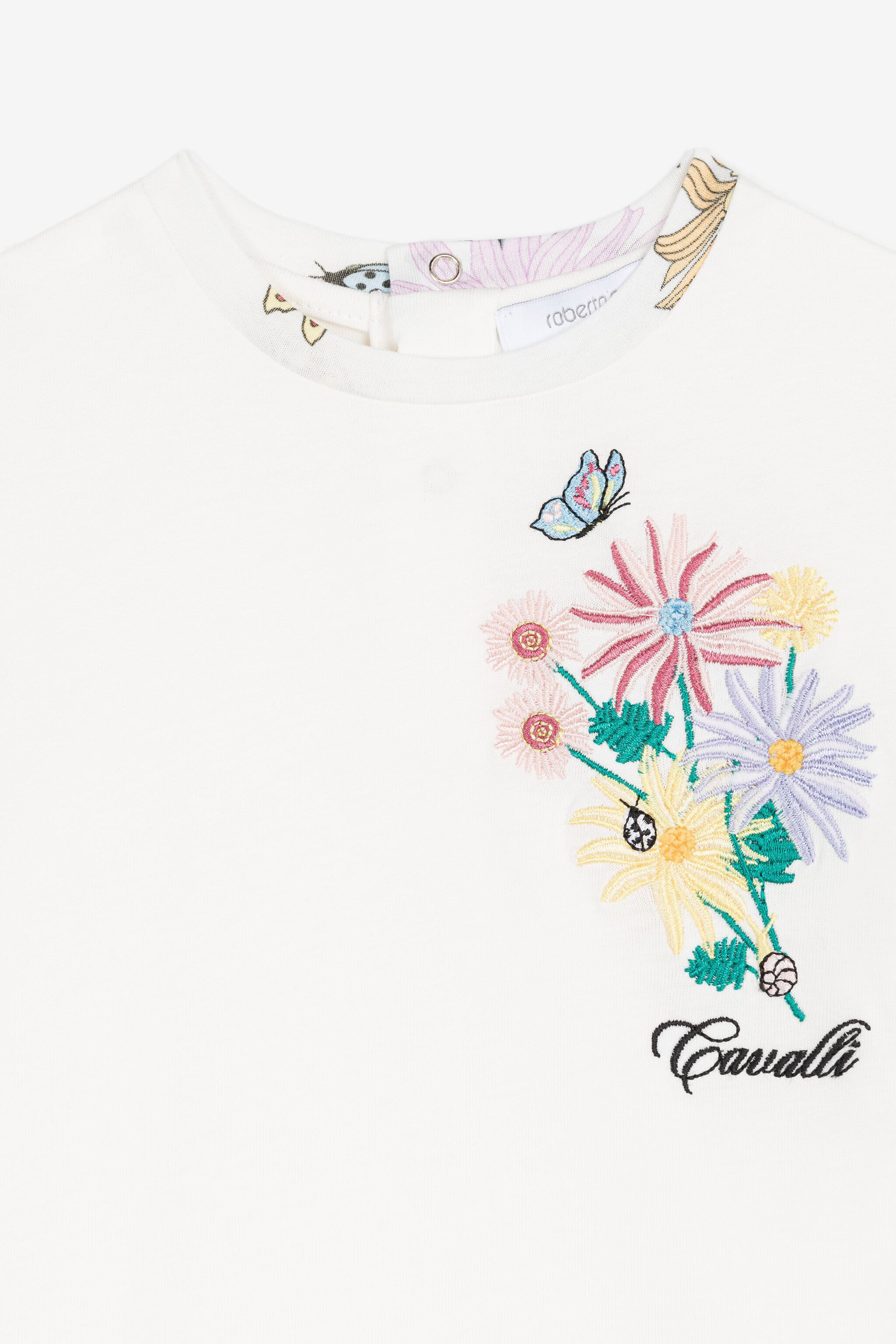 ROBERTO CAVALLI BAUMWOLL-T-SHIRT MIT BLUMEN-STICKEREI 