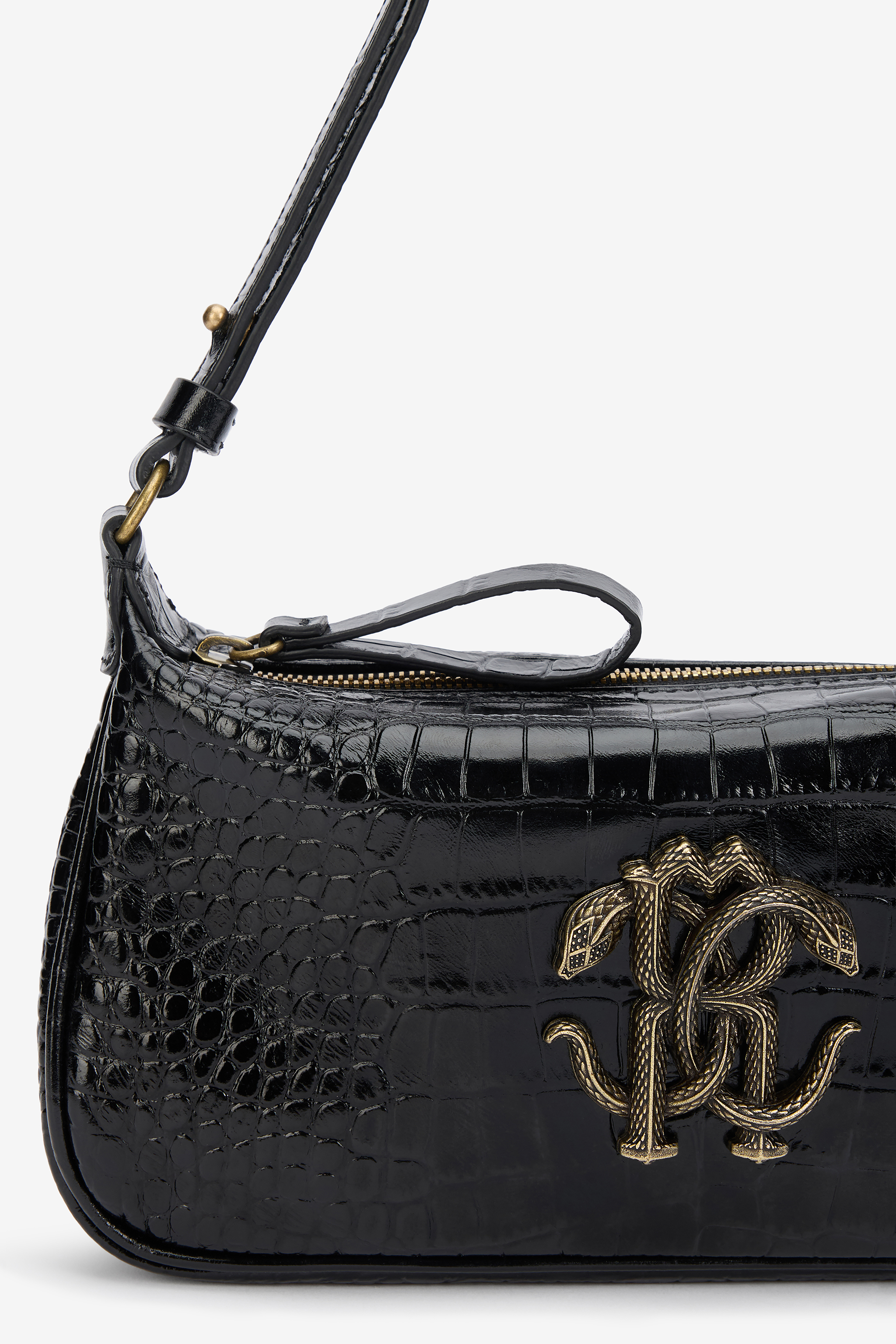 Black Croc-Effect Shoulder Bag With Mirror Snake Monogram