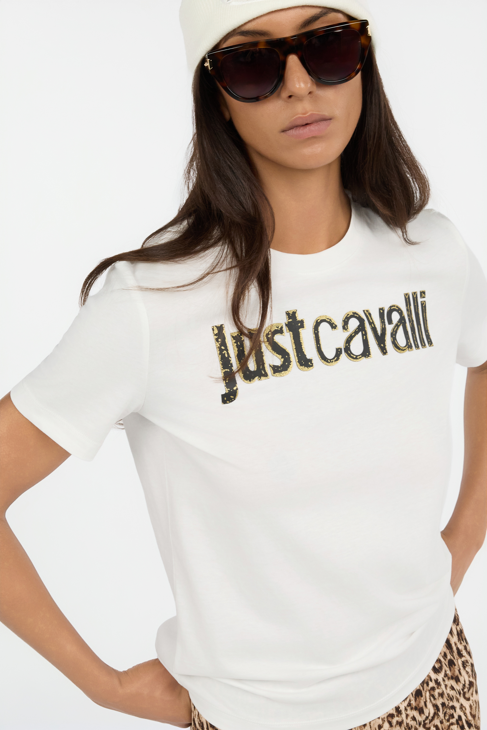Roberto Cavalli White T-shirt With Embellished Logo In White
