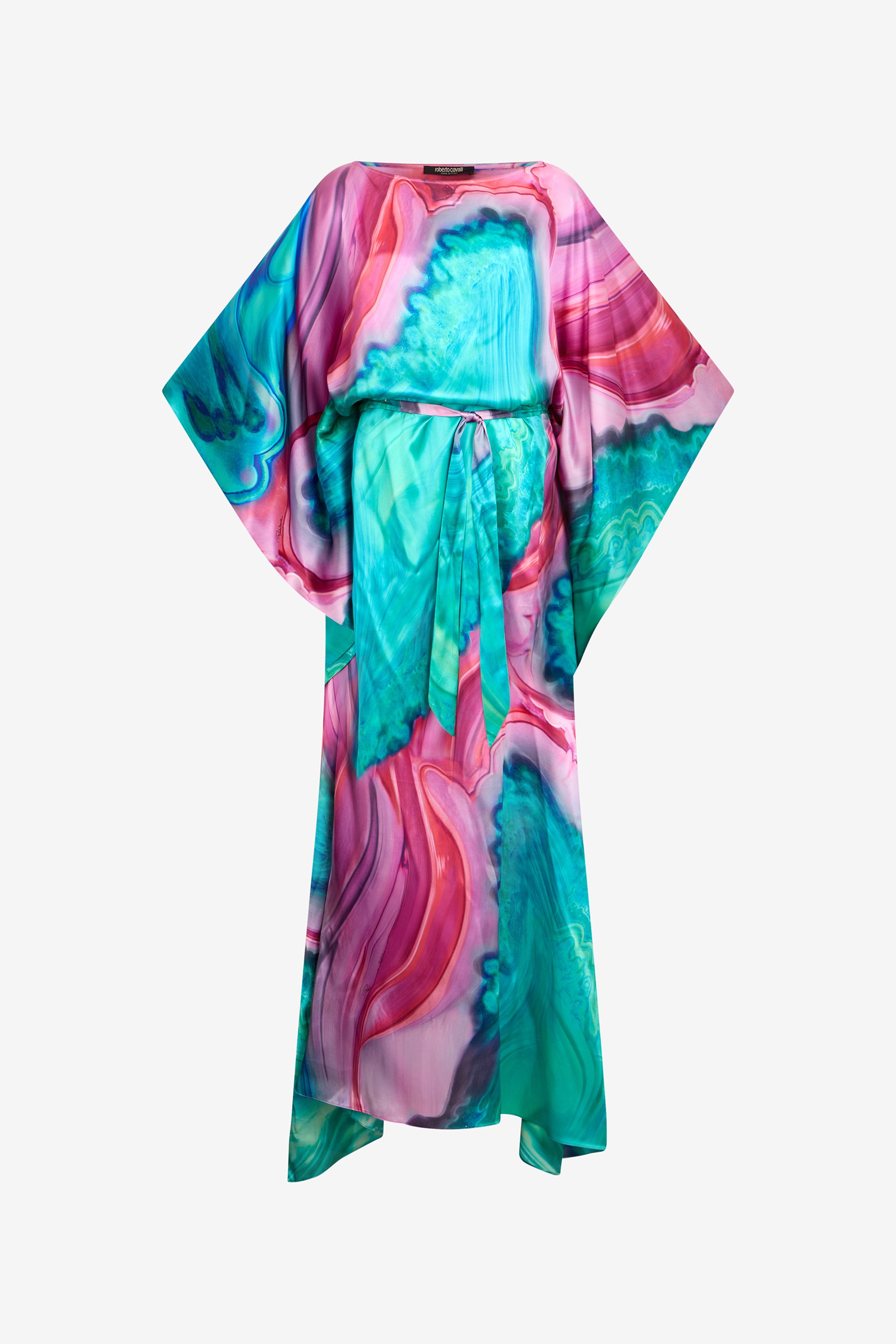 Roberto Cavalli Long Dress In Multicolor Marbled Silk In Multi
