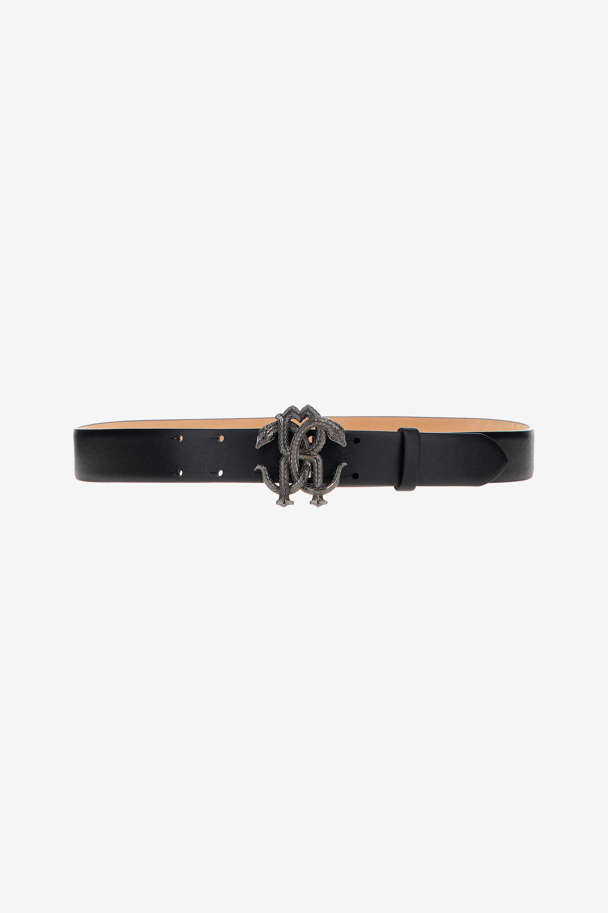  Roberto Cavalli Black Leather Belt With Monogram Rc Snake Buckle - Male Bags & Accessories Black 100 