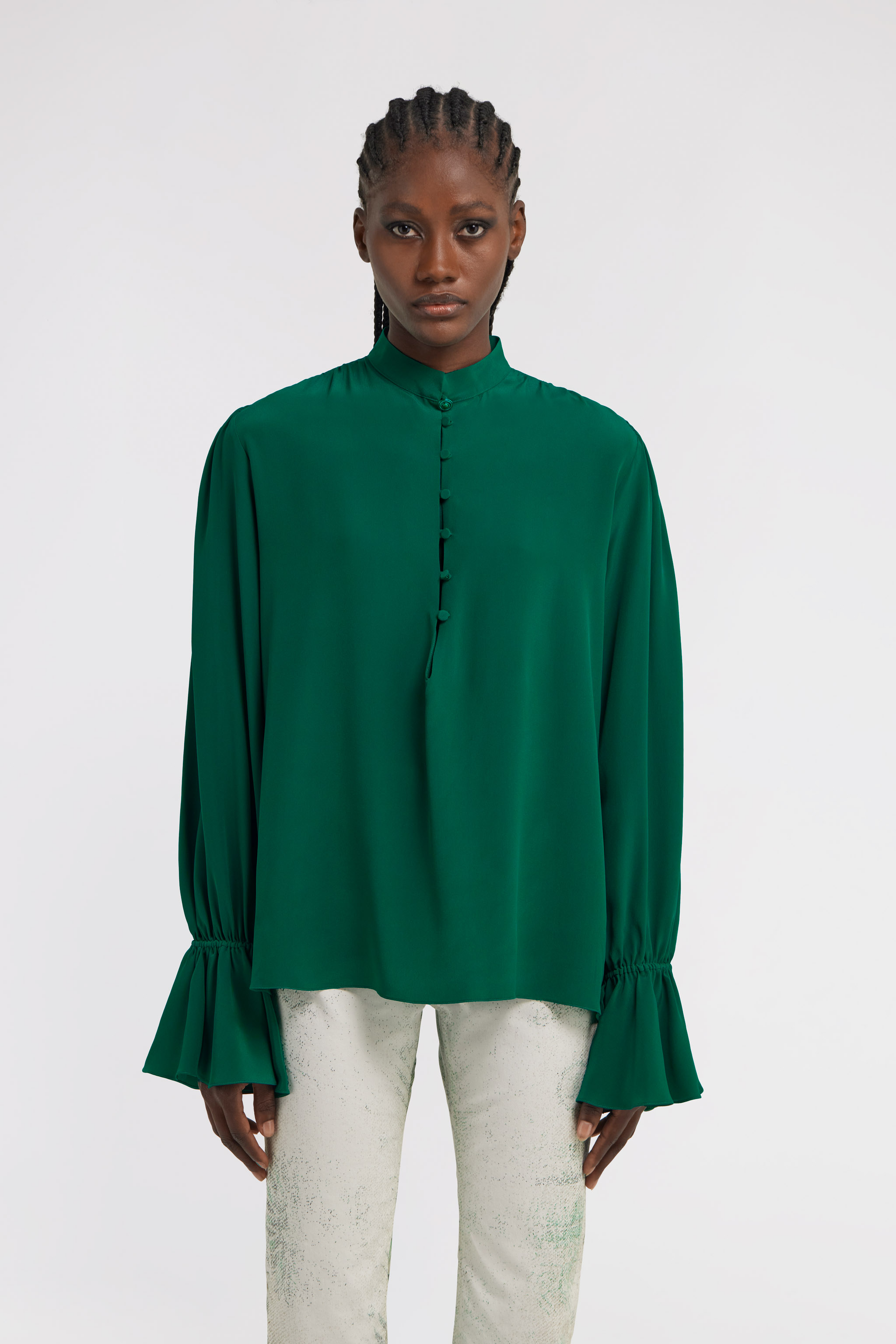 Shop Roberto Cavalli Mandarin Collar Blouse In Green