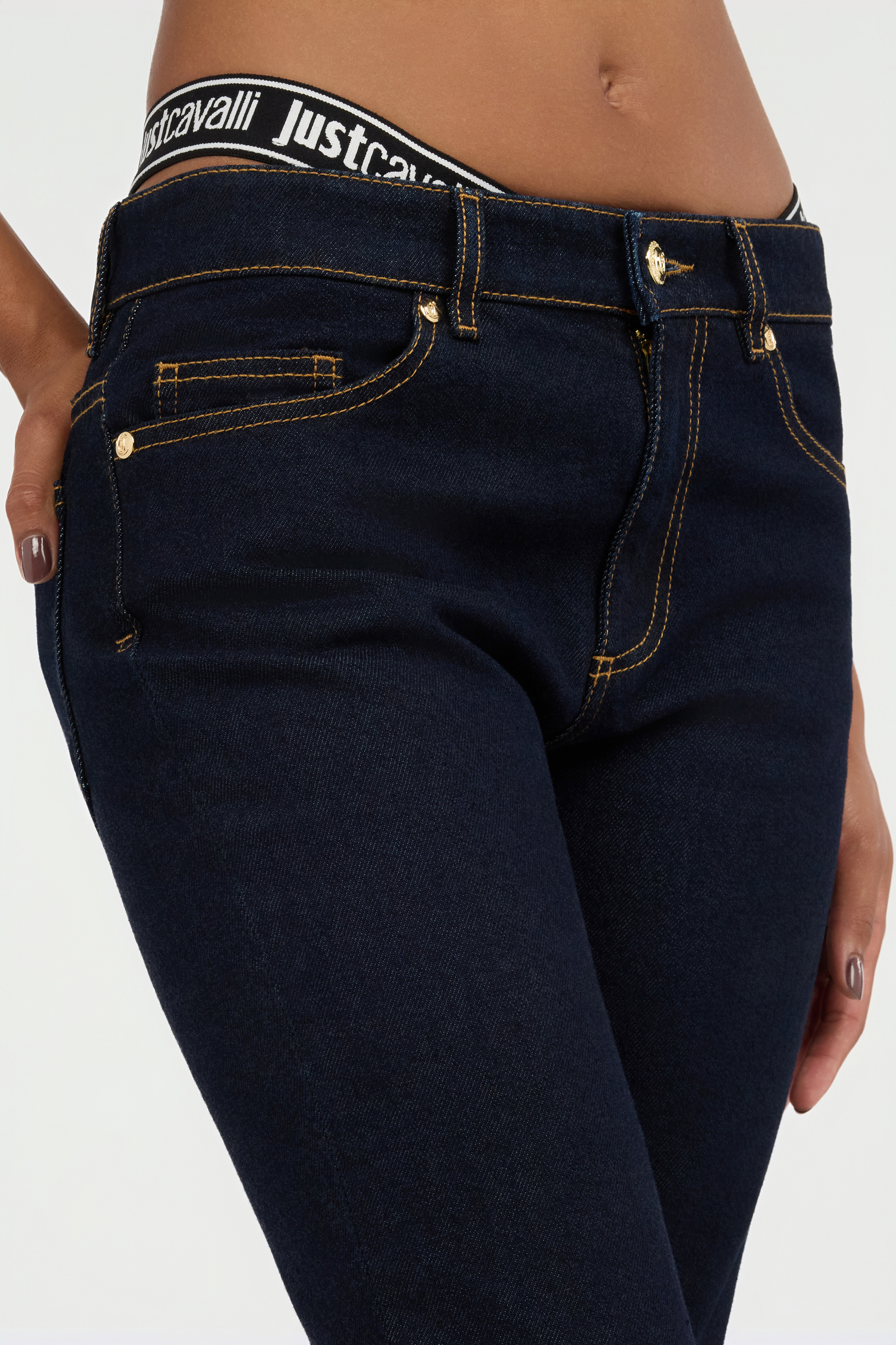 Roberto Cavalli Dark Blue Straight Leg Jeans With Contrast Stitching In Black