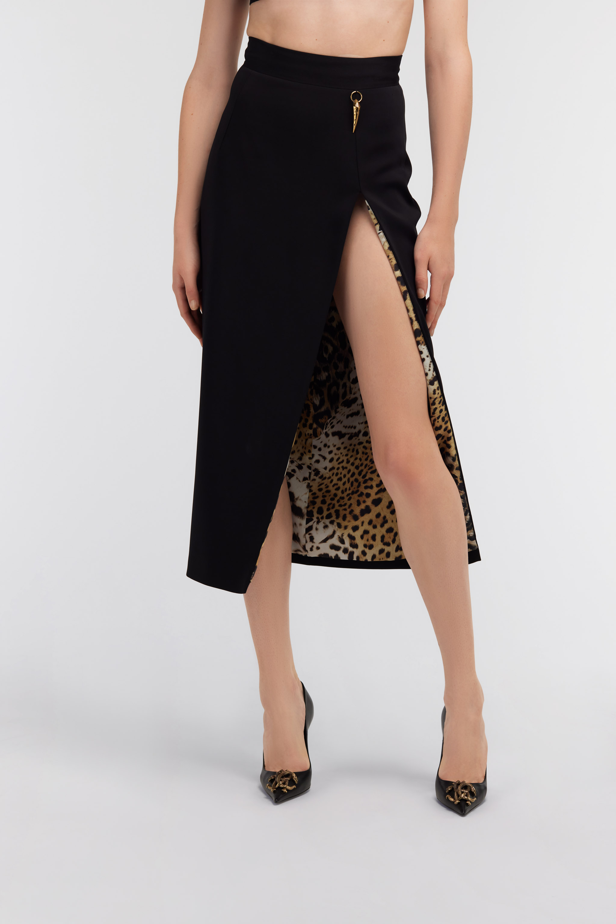 Roberto Cavalli Midi Skirt With Slit In Black