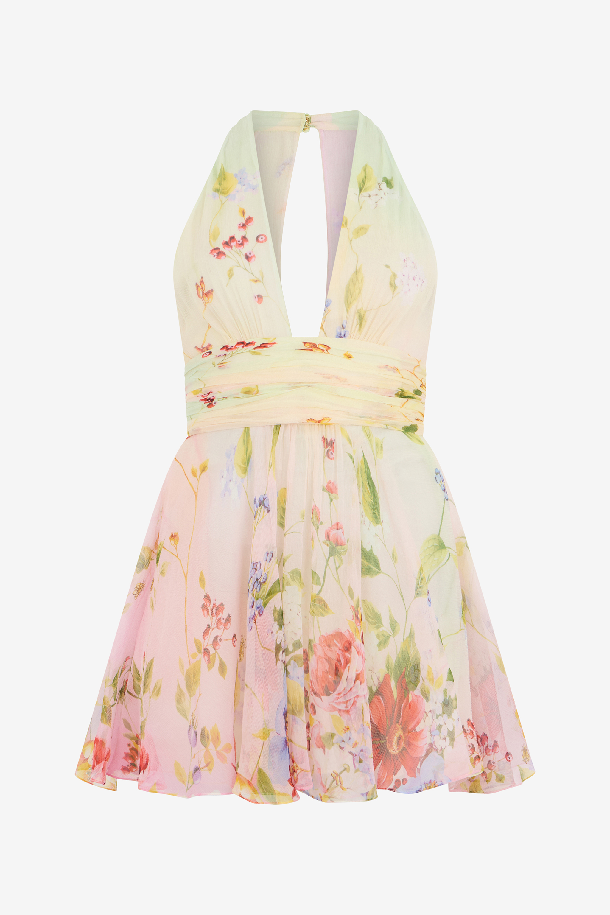 Roberto Cavalli Women's Green/Fuchsia Chiffon Mini Dress With Miami Flowers Print - Mini Dresses