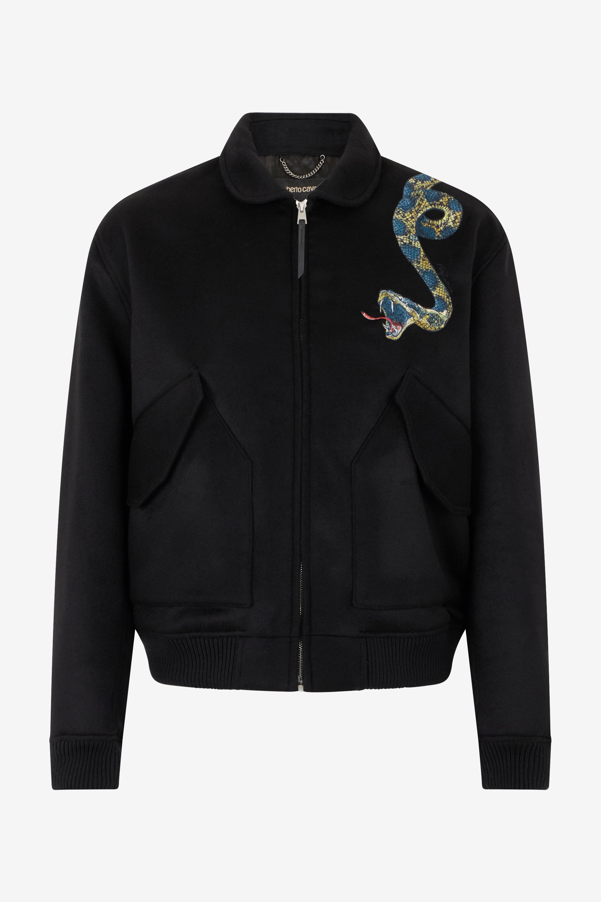 Roberto Cavalli Black Bomber Jacket With Snake Embroidery