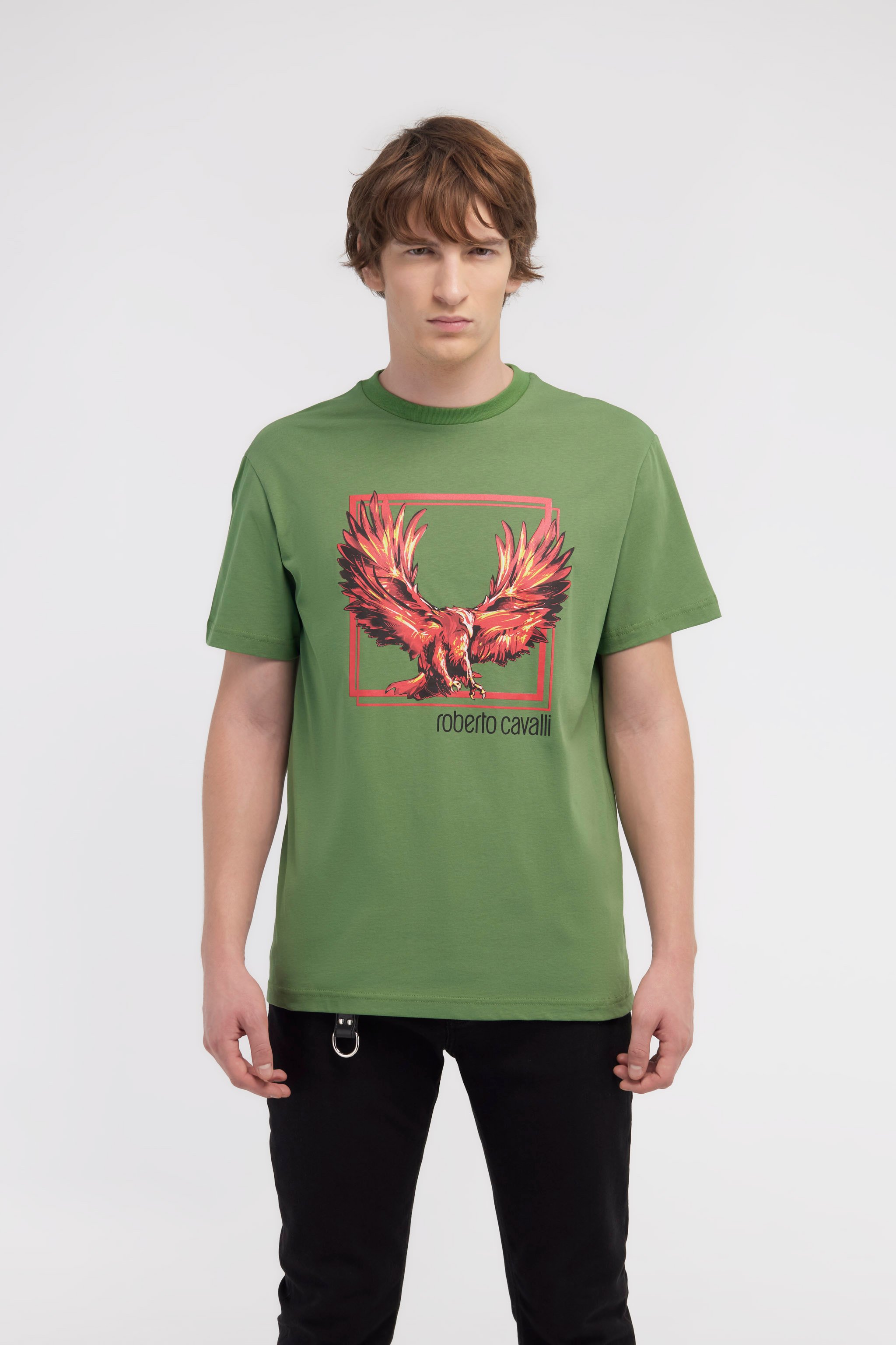 Roberto Cavalli T-shirt With Eagle Logo And Print In Green