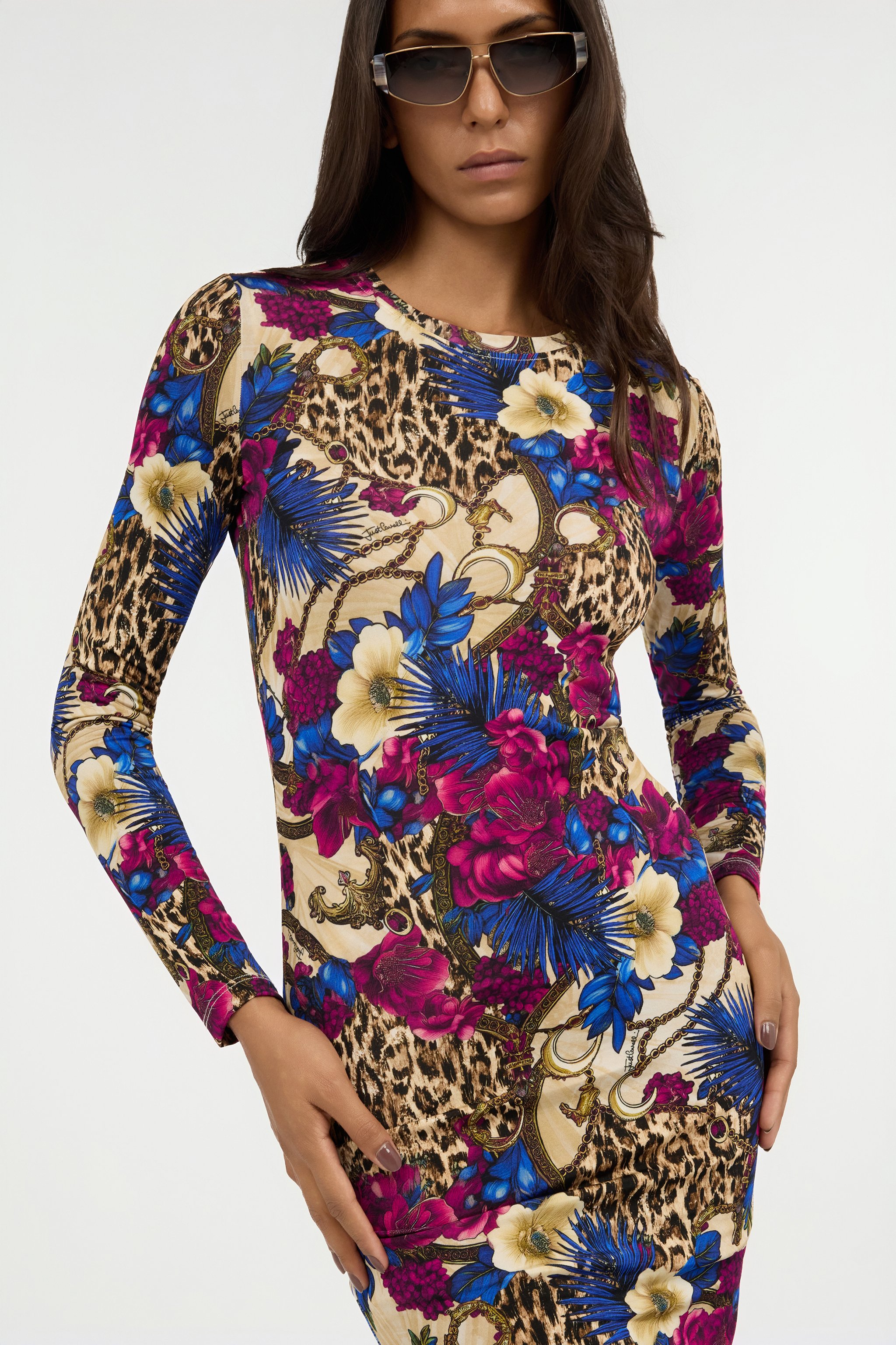 Roberto Cavalli Flower Leopard Print Midi Dress