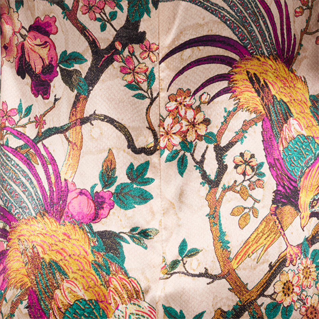 Oriental Bird Print Silk Mini Dress