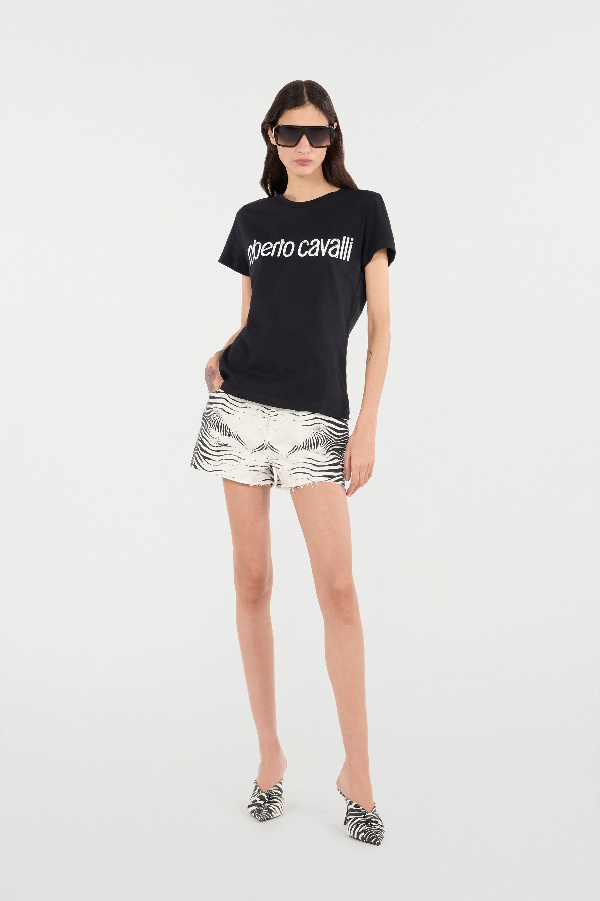 Roberto Cavalli Zebra-print Denim Shorts In Bianco/nero