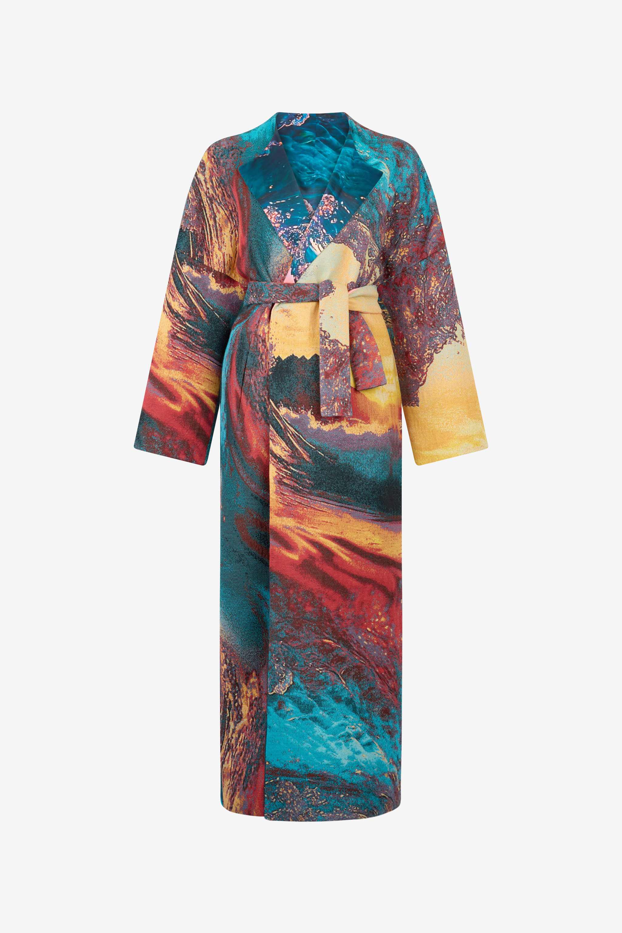 Roberto Cavalli Itaca Print Coat With Belt In Blue/orange