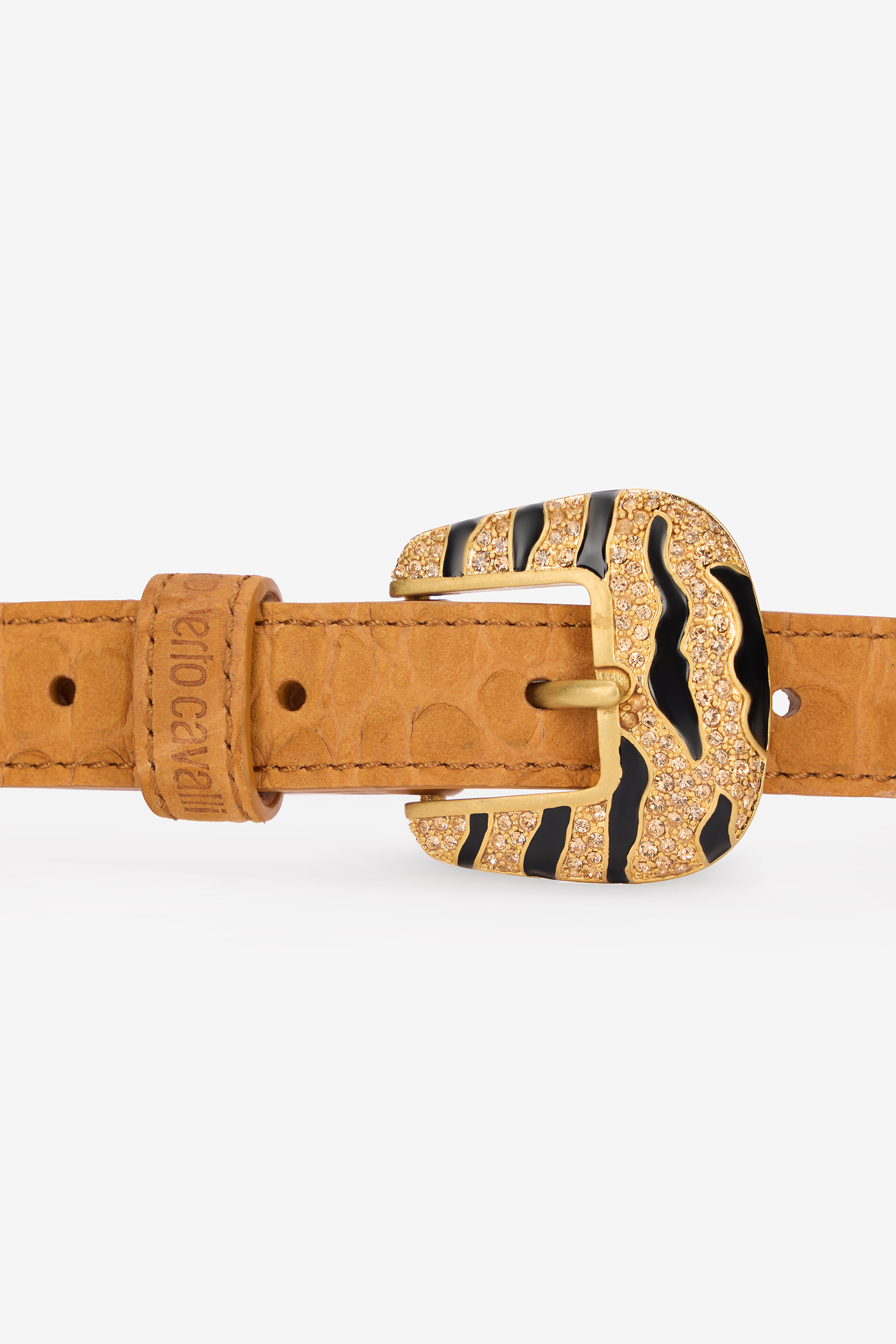 Roberto Cavalli Crocodile-effect Belt With Bejeweled Buckle In Brown