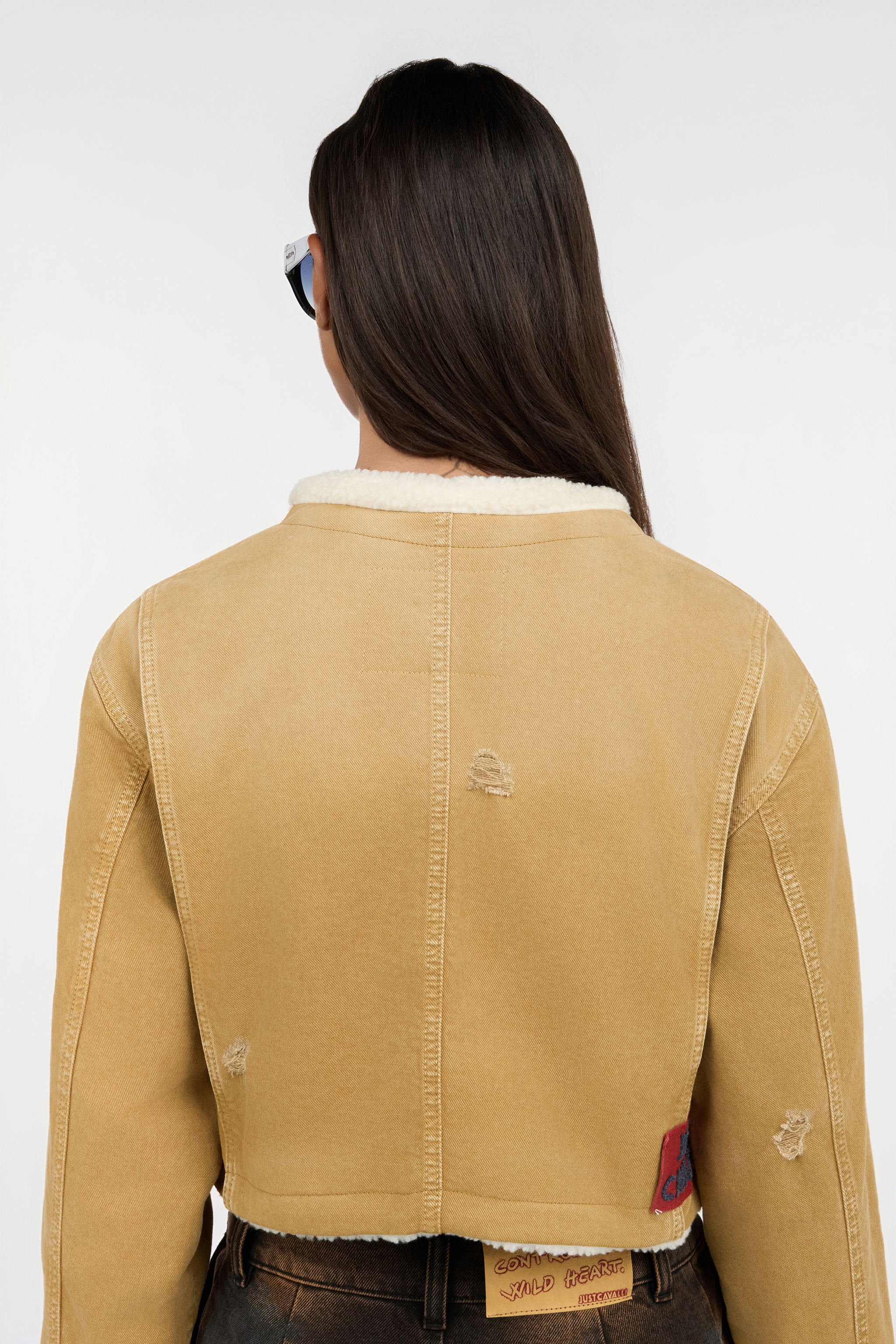 Roberto Cavalli Camel Cropped Coat With Shearling Trim In Brown