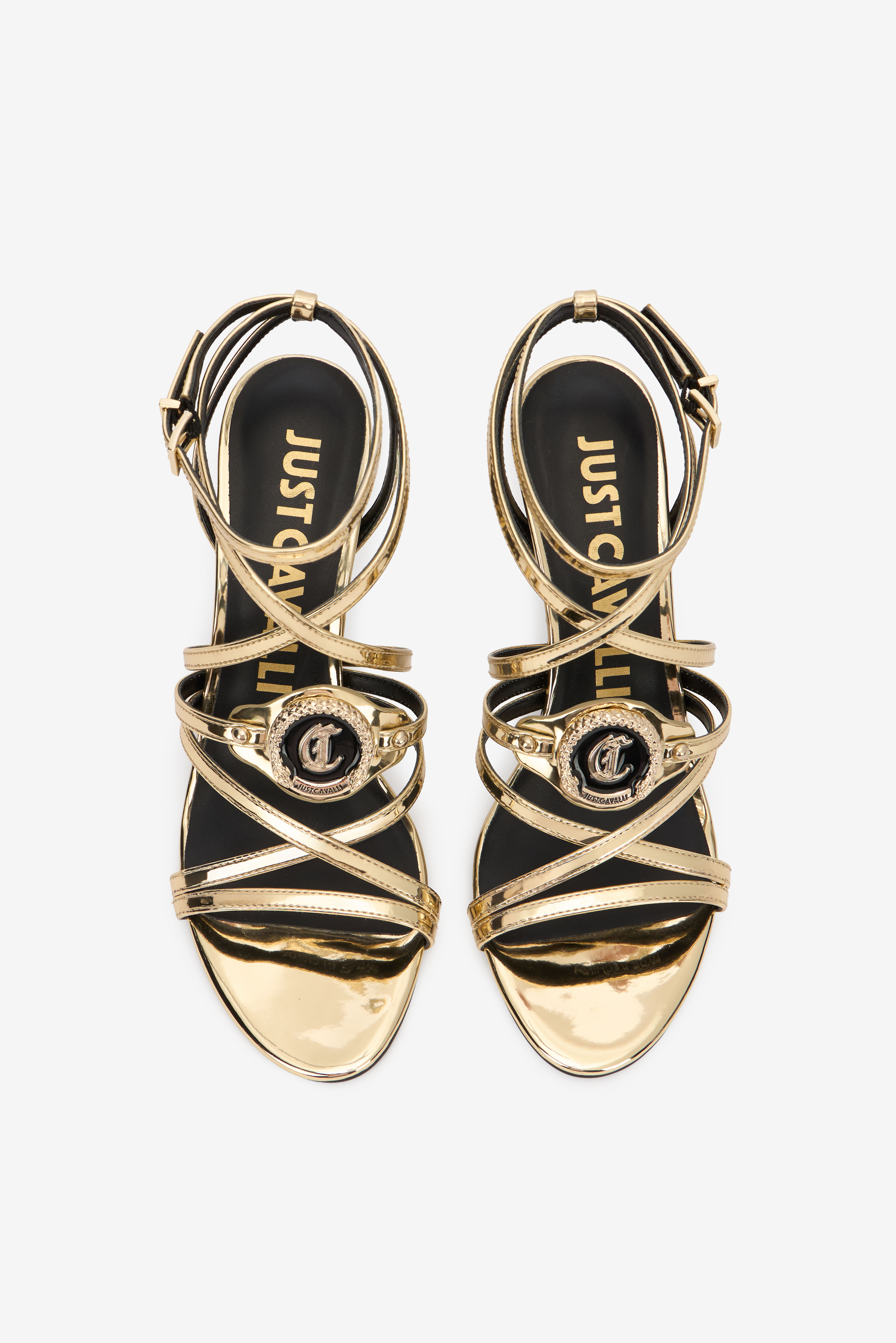 Roberto Cavalli Gold High-heel Sandals With Logo Medallion In Gold