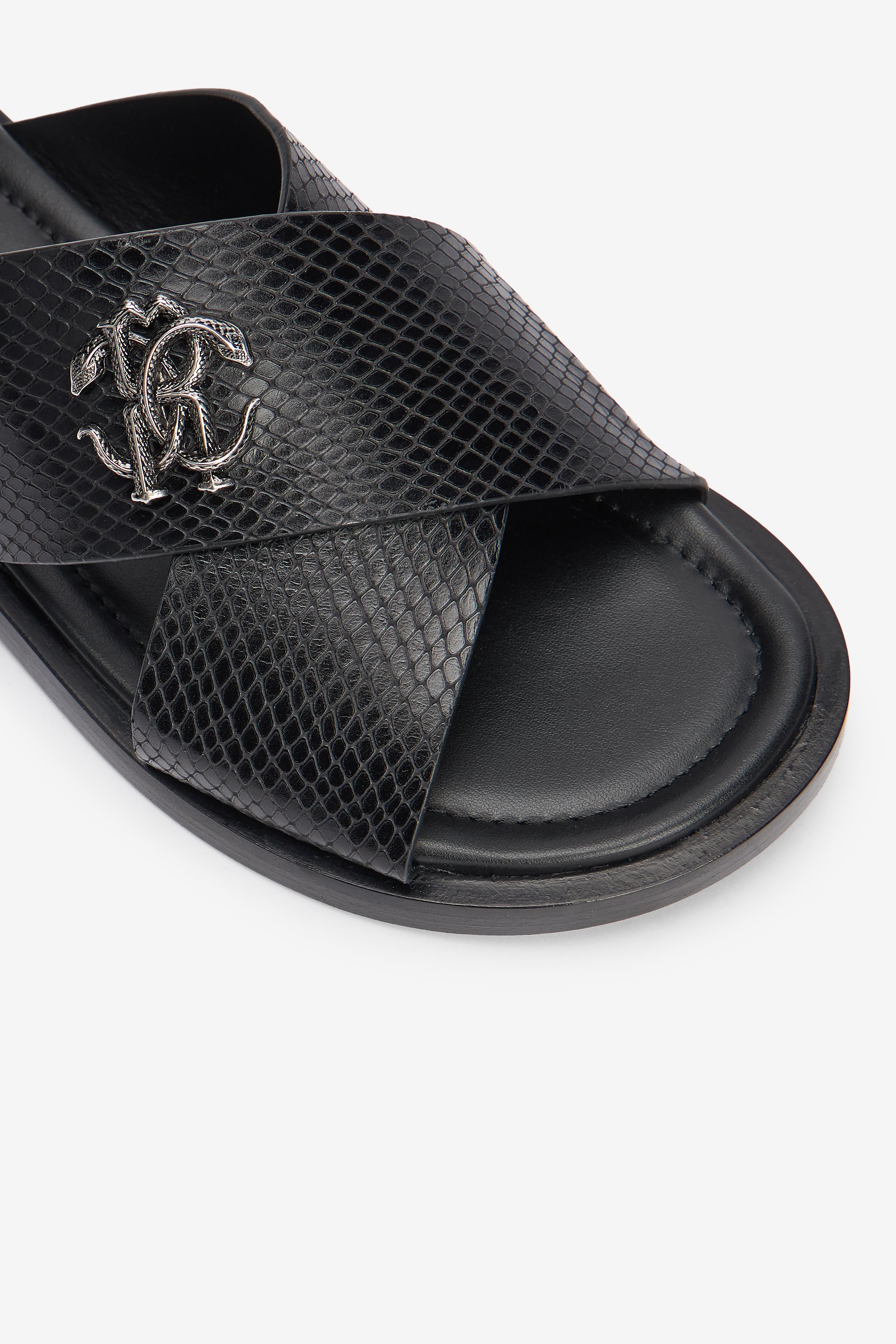Black Slide Sandals Snake-Effect Leather