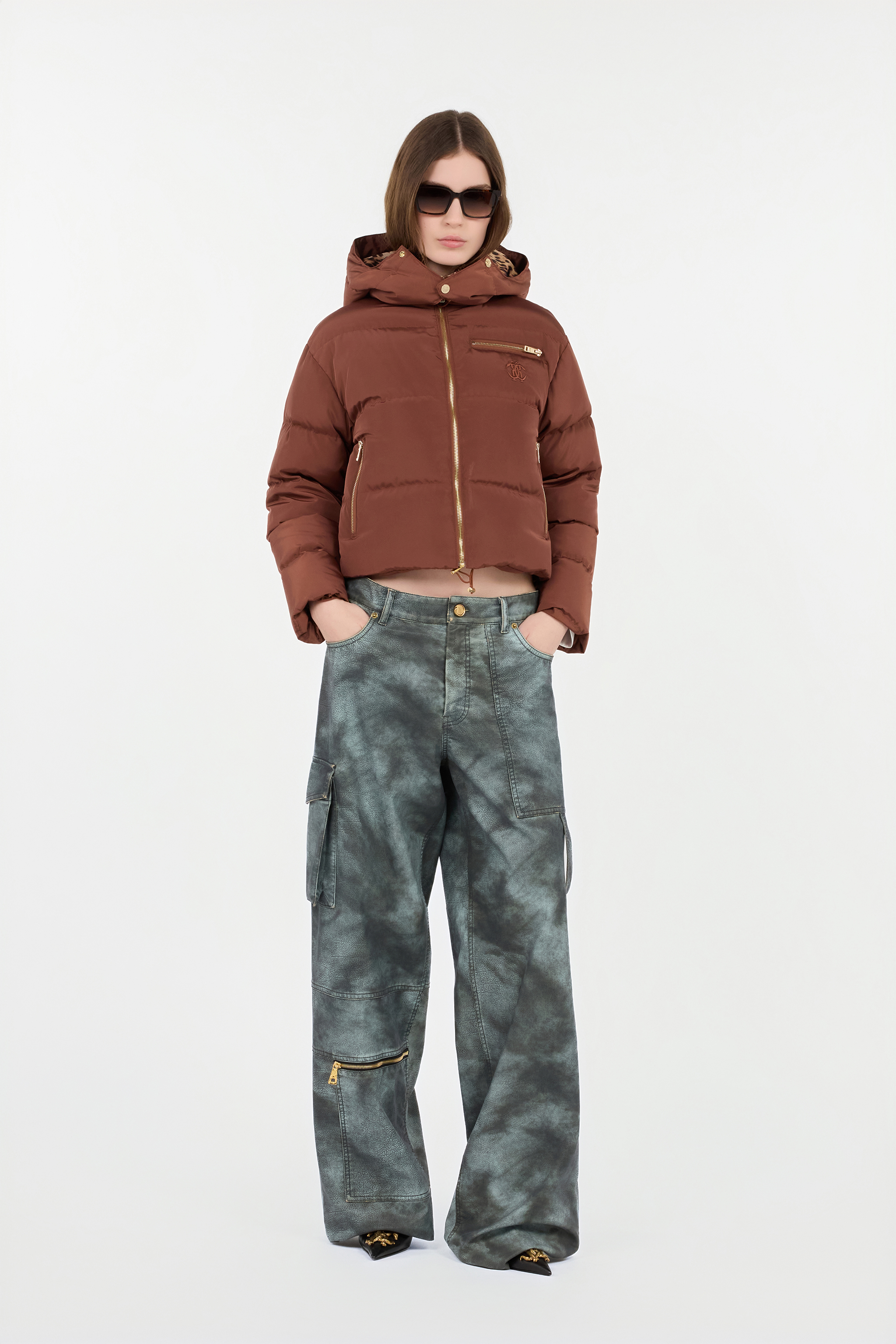 Roberto Cavalli Brown Down Jacket With Monogram Rc In Brown