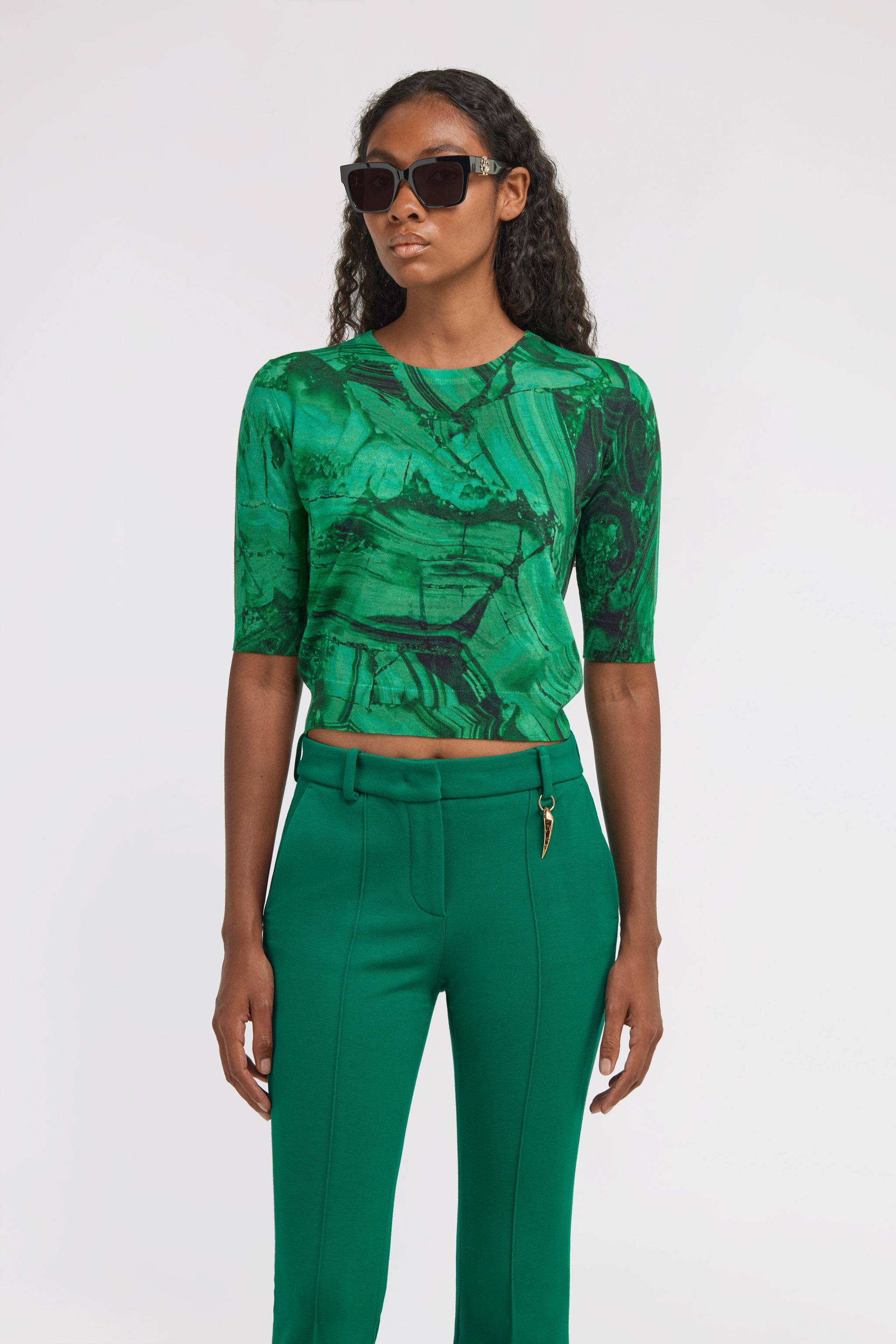 Roberto Cavalli Malachite Print Short Sleeve Knit In Green