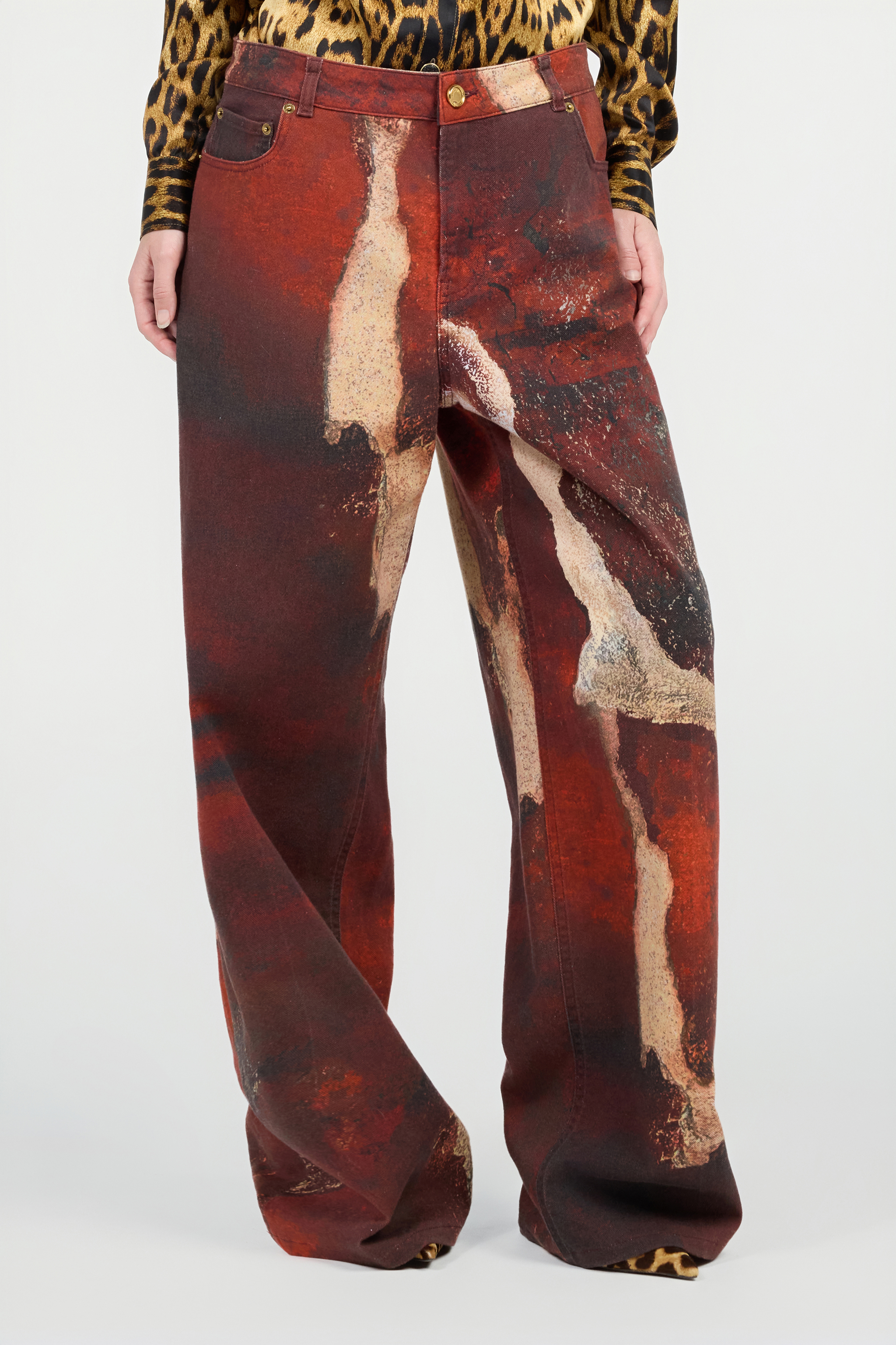Red Faded-Dye Effect Denim Jeans