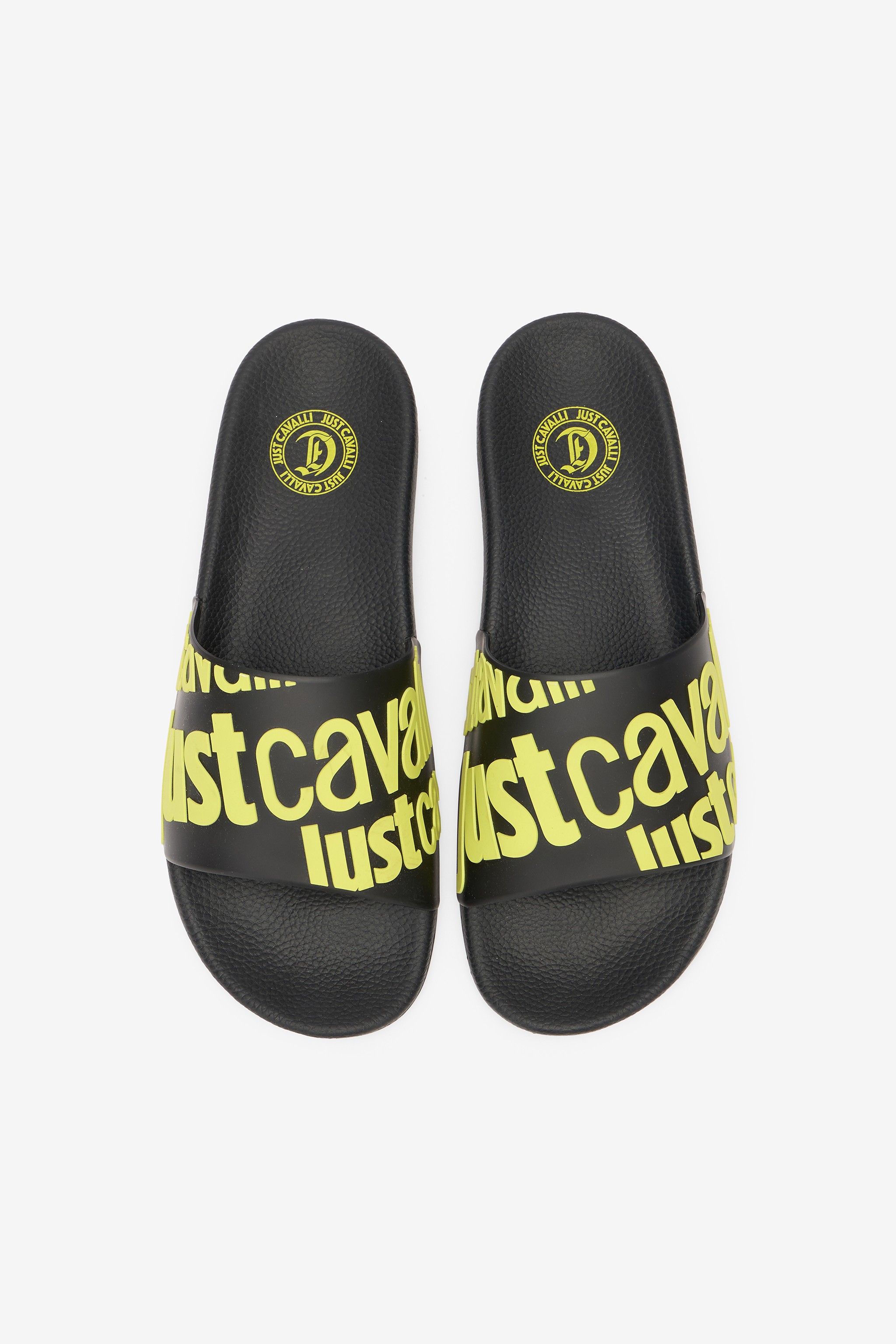Roberto Cavalli Slides With Lettering In Light Green/black