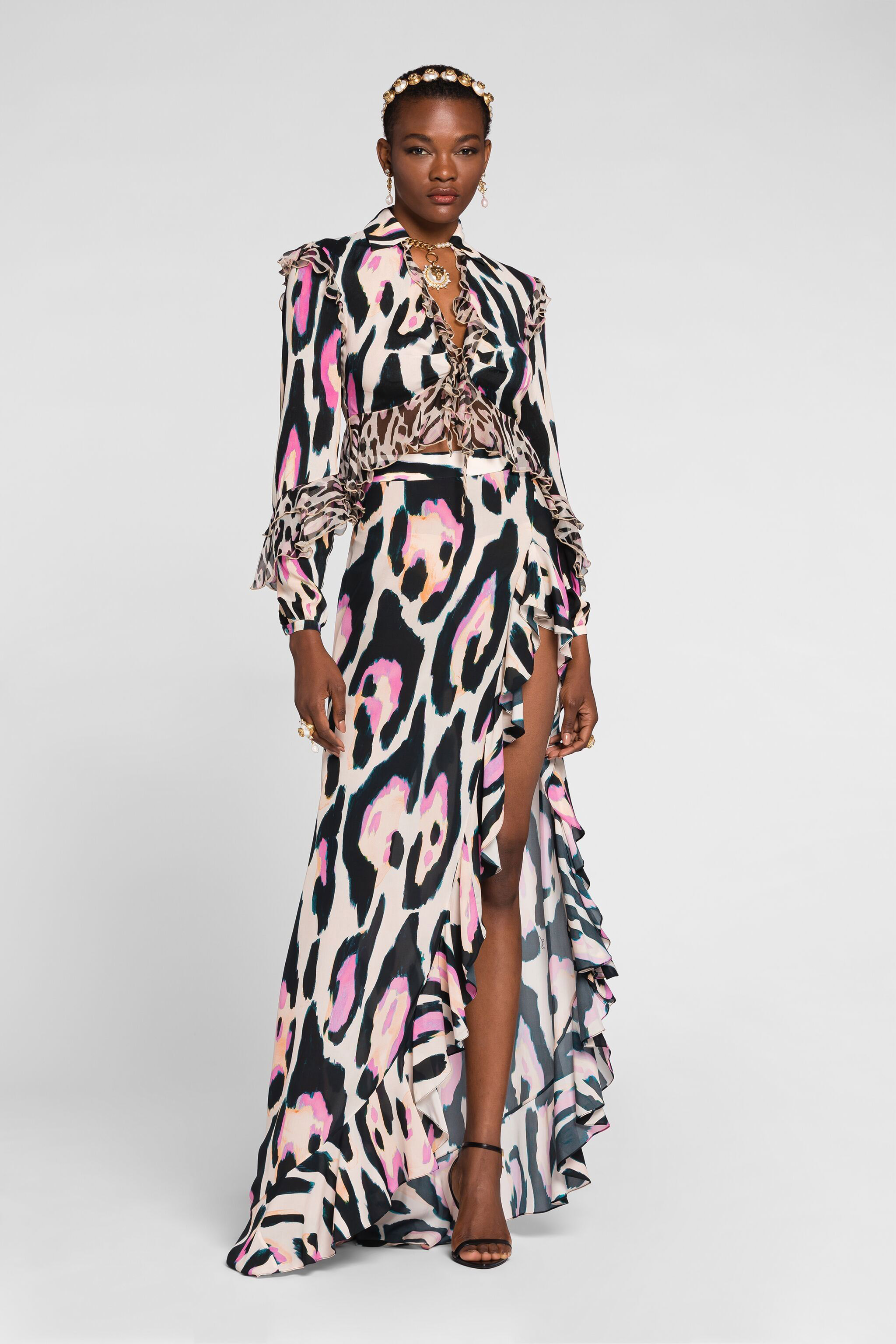 Shop Roberto Cavalli Maxirock Mit Jaguar-print Und Rüschenbesatz In Pink