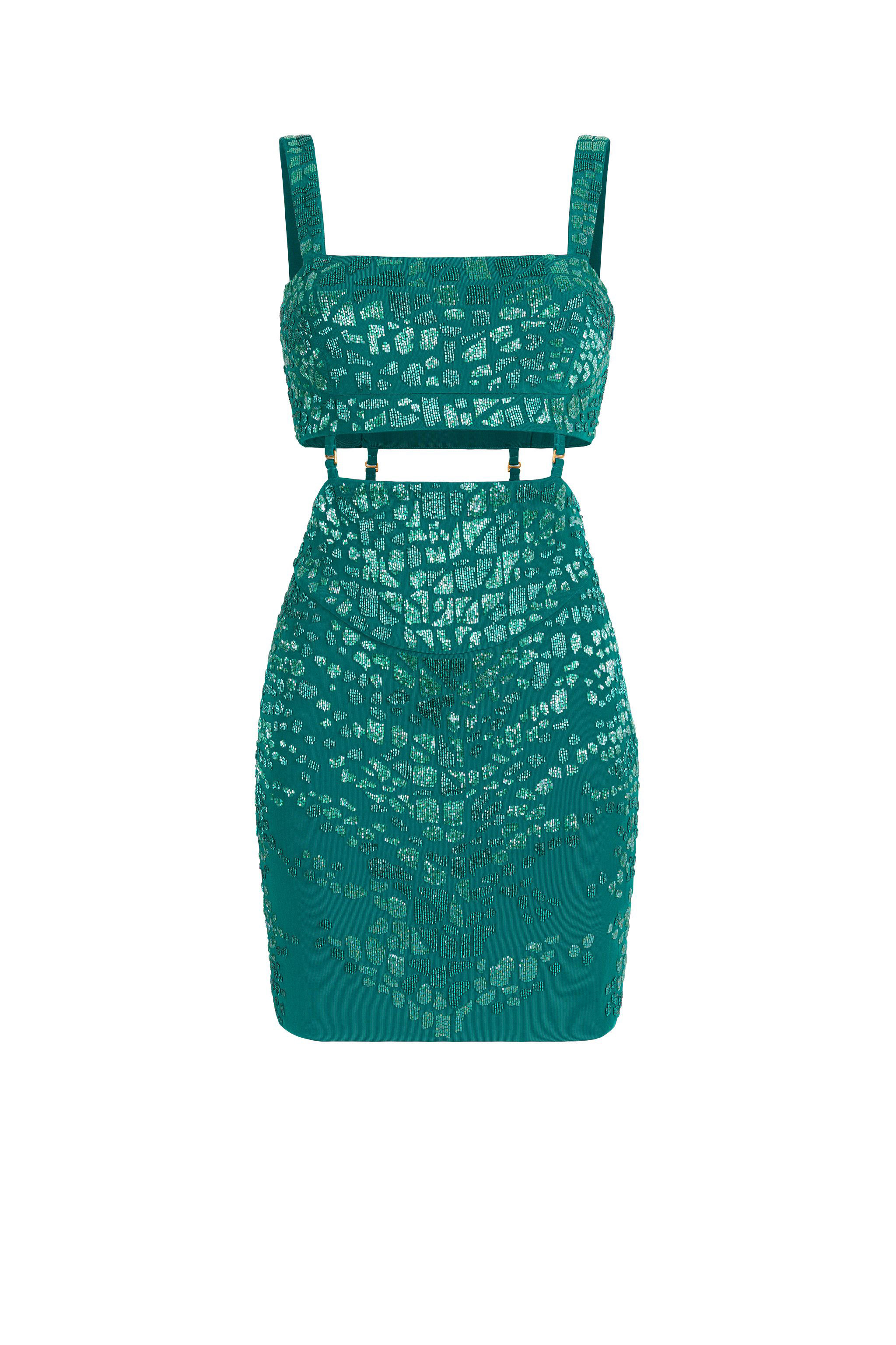 Shop Roberto Cavalli Leopard Bead-embellished Mini Dress In Green