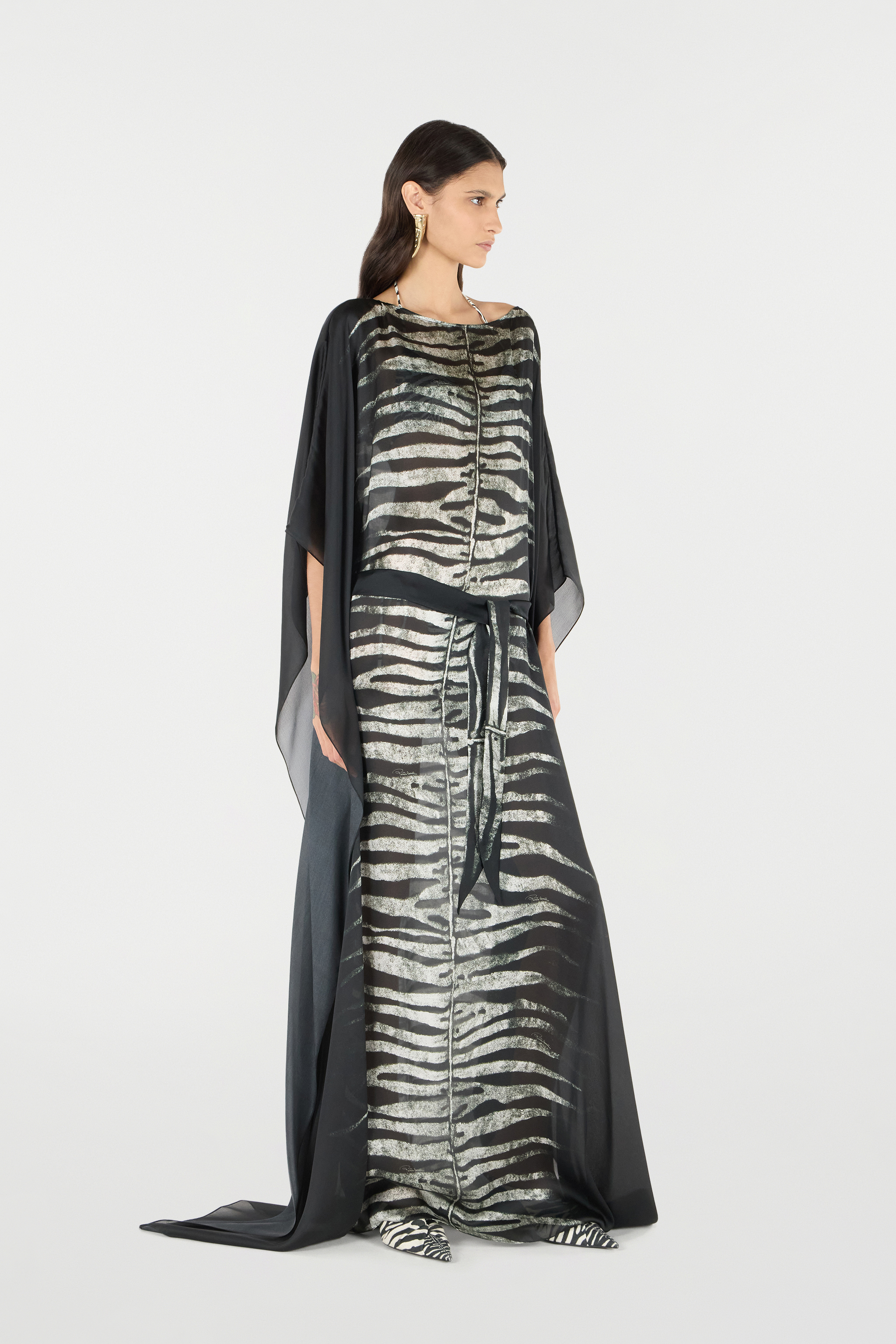 Roberto Cavalli Dress With Belt And Zebra Print In Black/white
