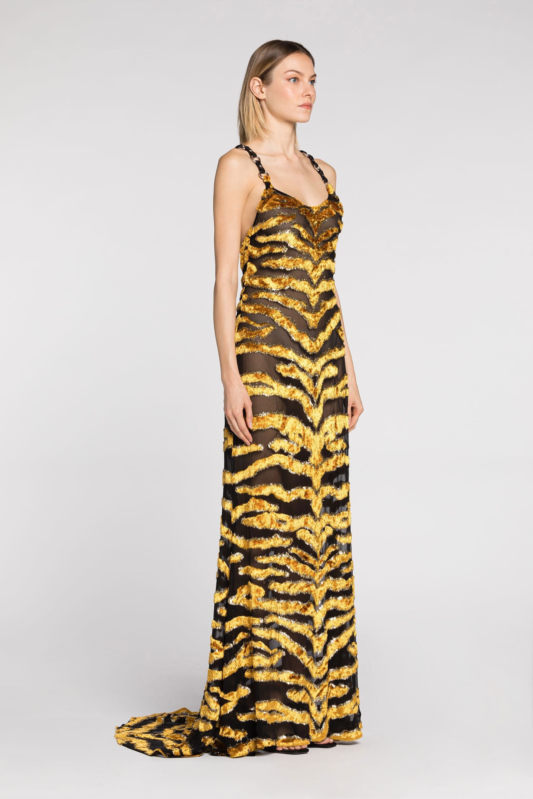Roberto Cavalli Tiger Fil-coupé Maxi Dress In Gold