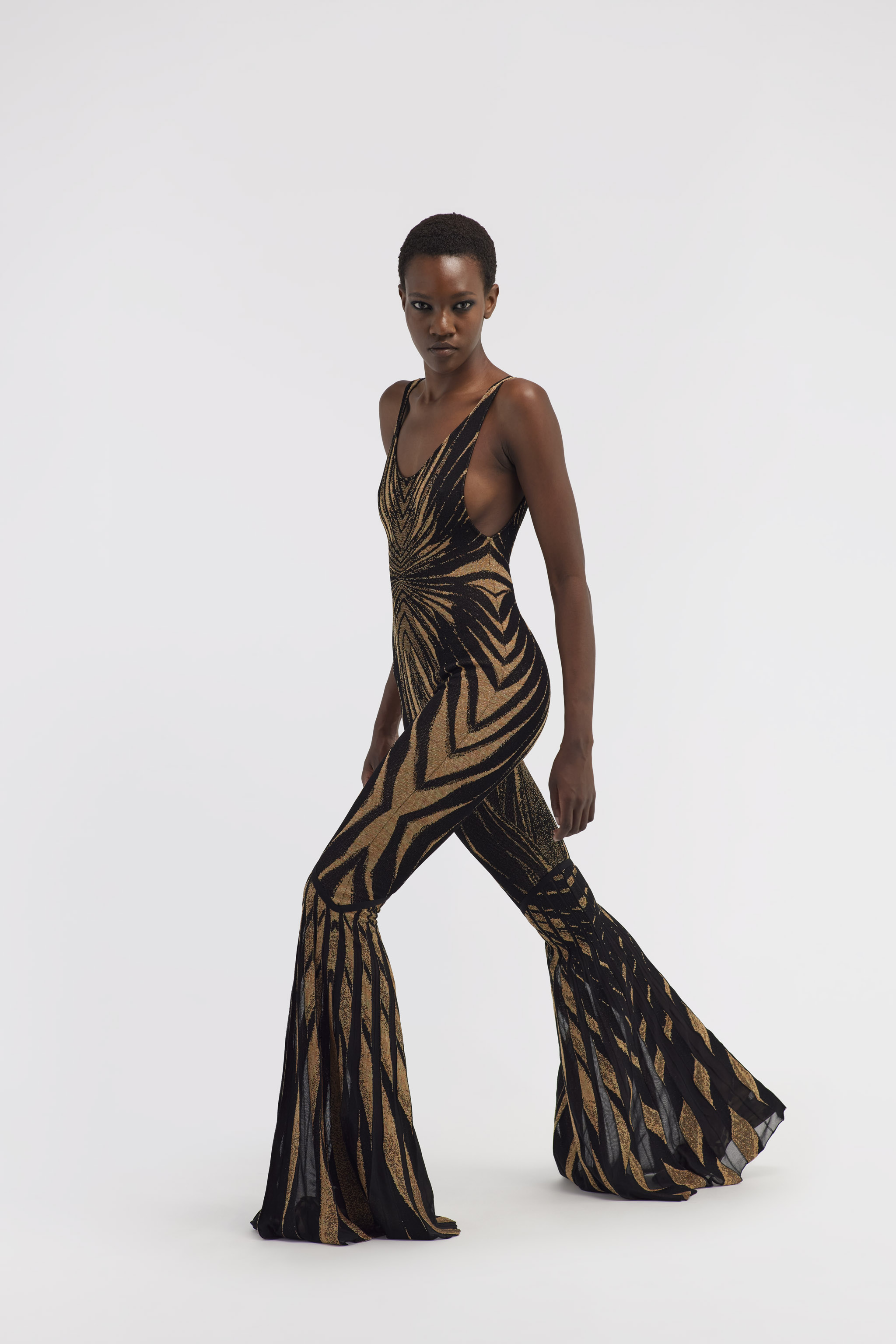 ROBERTO CAVALLI KNIT JUMPSUIT WITH RAY OF GOLD PRINT