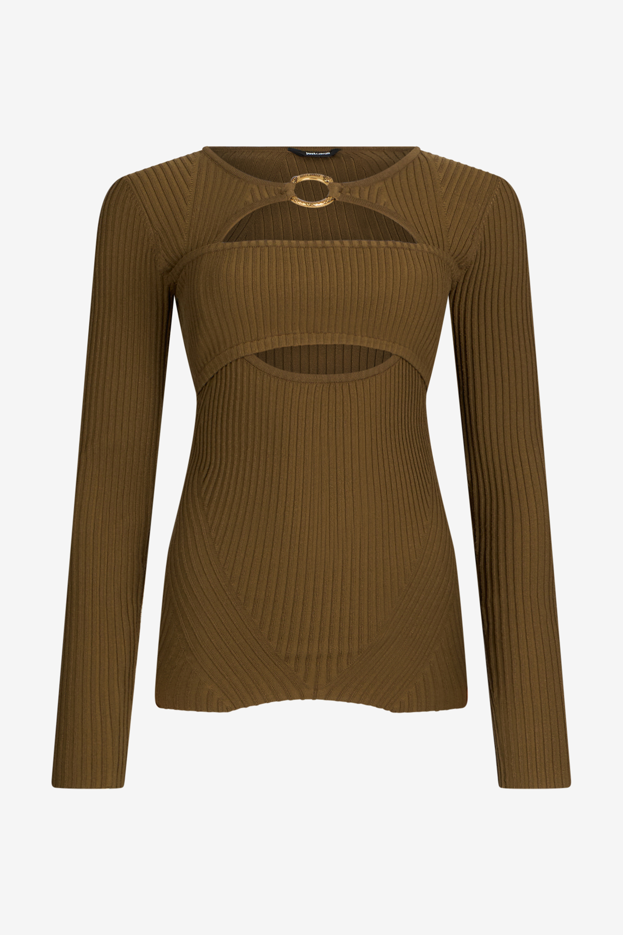Roberto Cavalli Olive Green Ribbed Cut-out Sweater In Brown