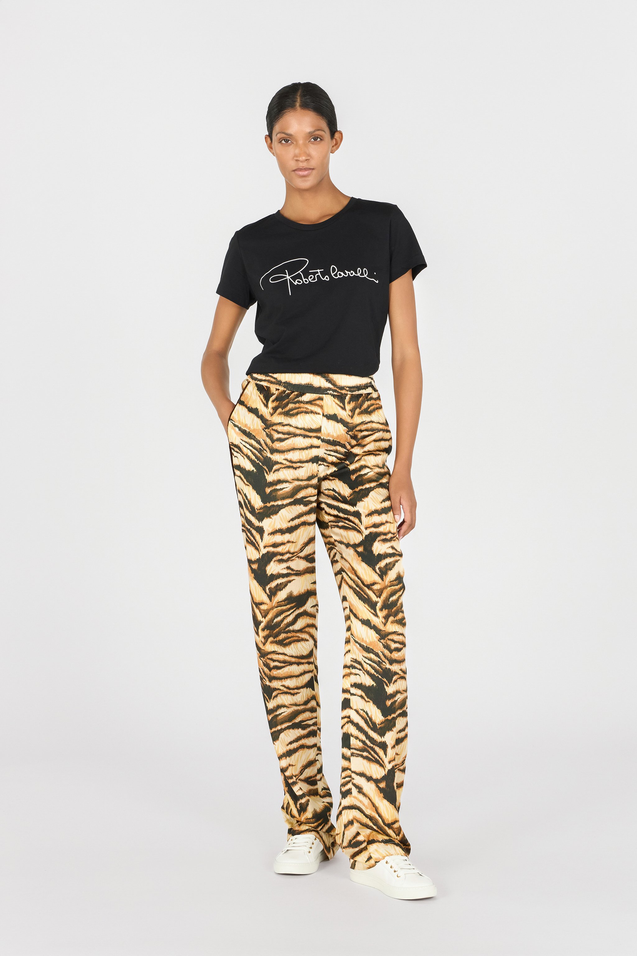 Roberto Cavalli High-waisted Tiger-print Trousers In Naturale