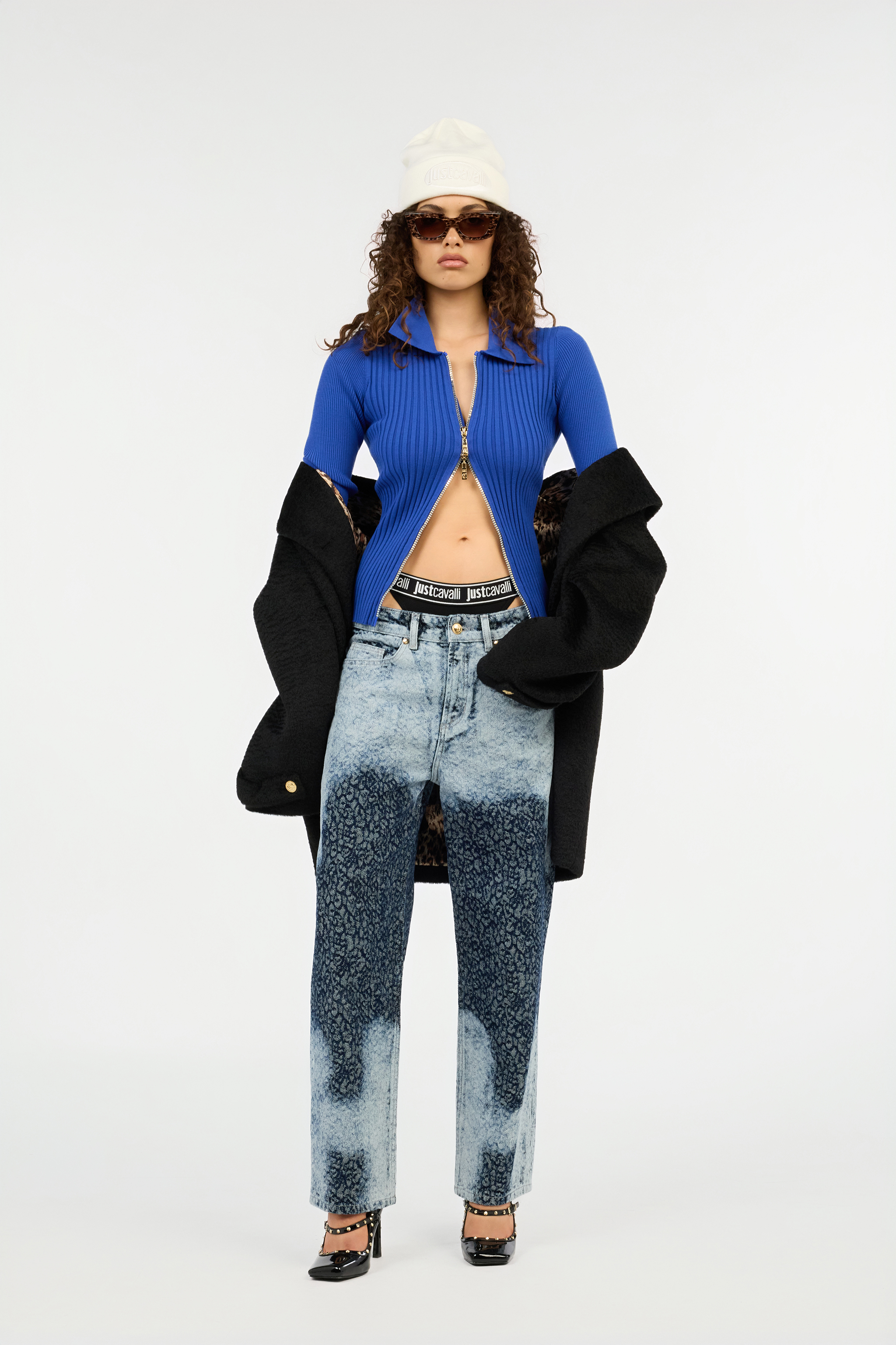 Blue Ribbed Zip-Up Sweater