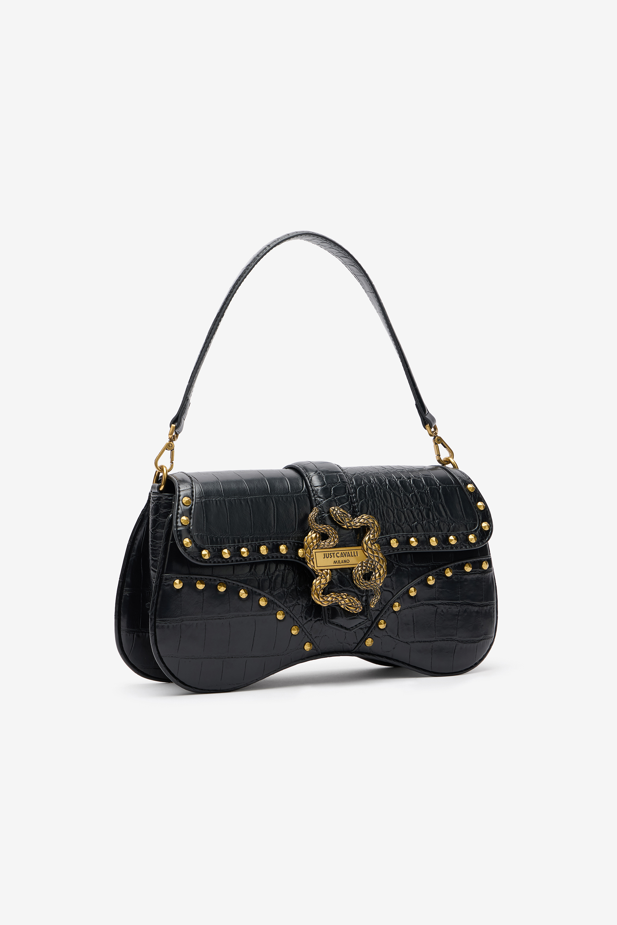 Roberto Cavalli Black Studded Saddle Shoulder Bag With Snake Buckle In Black