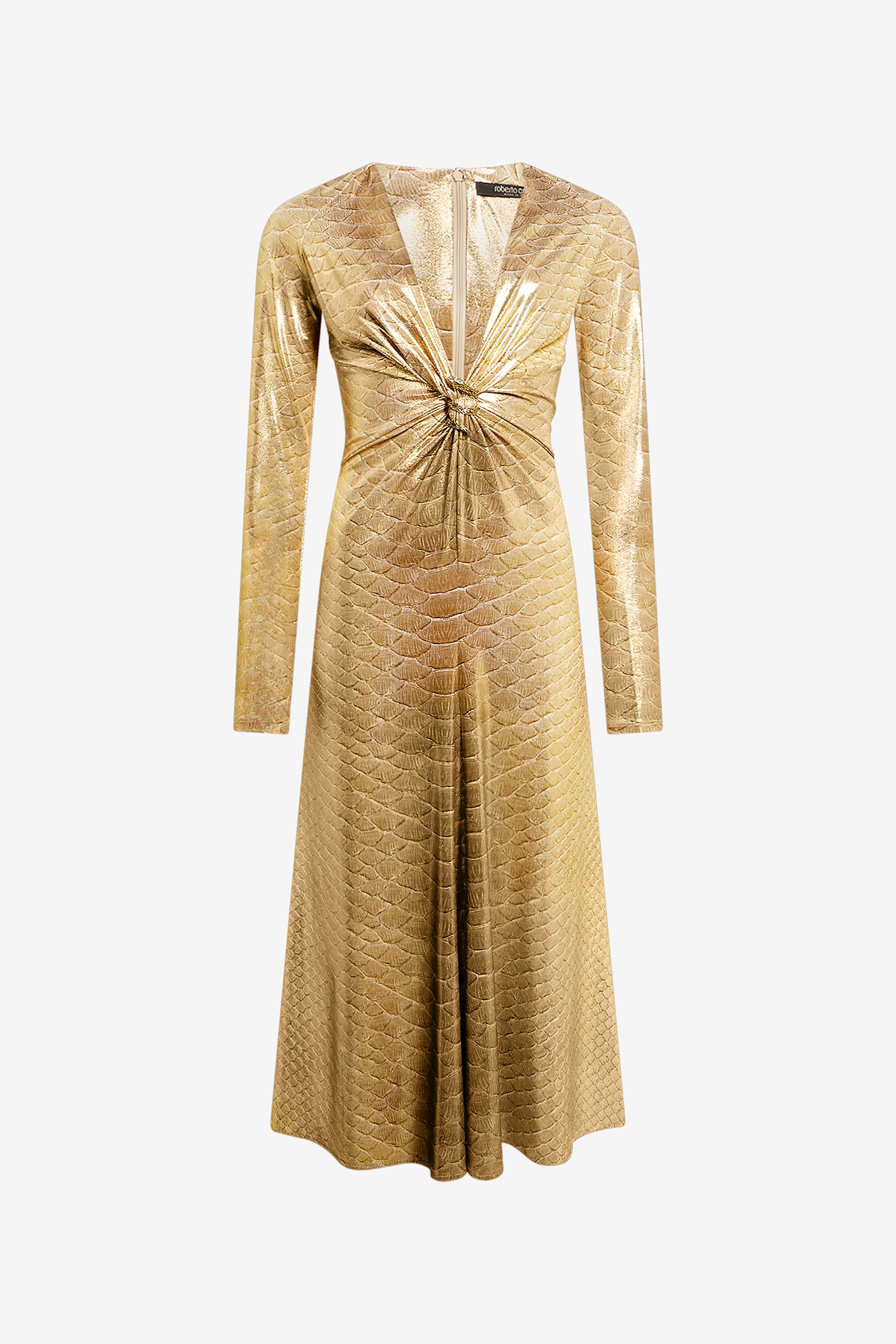Roberto Cavalli Beige Gold Midi Dress with Serpentine Print