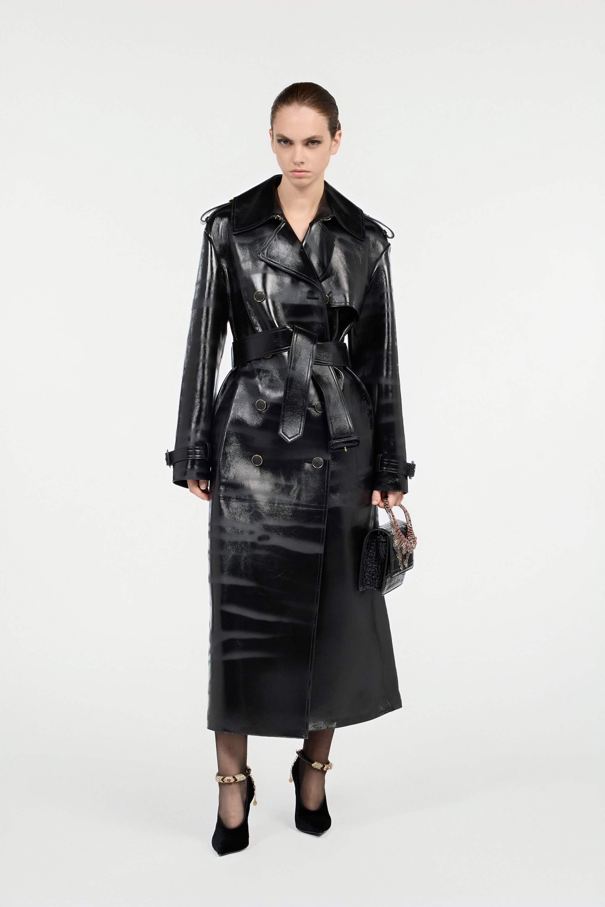 Roberto Cavalli Black Genuine Leather Long Trench Coat In Black