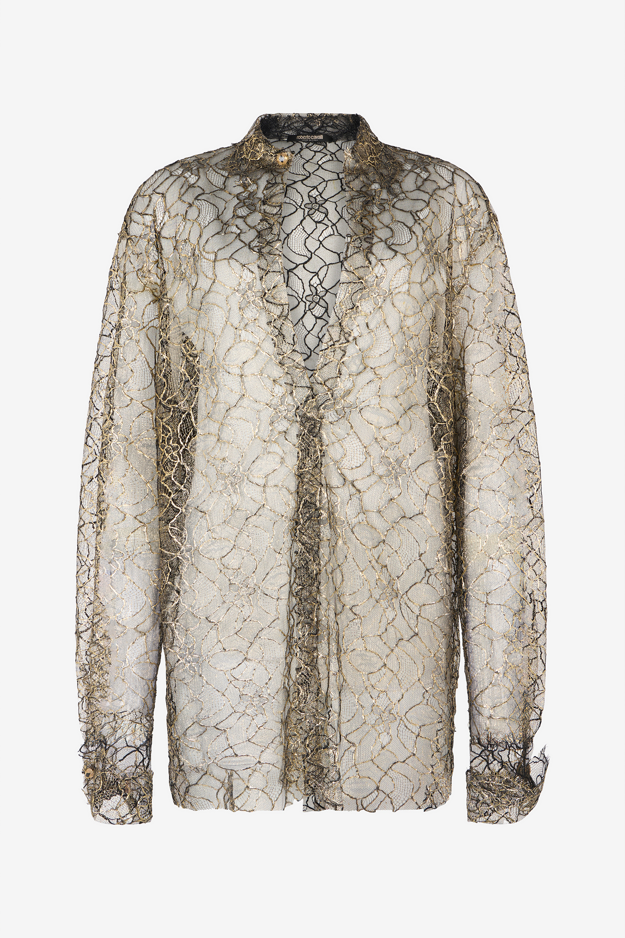 Roberto Cavalli Black and Gold See-Through Shirt with Embroidery