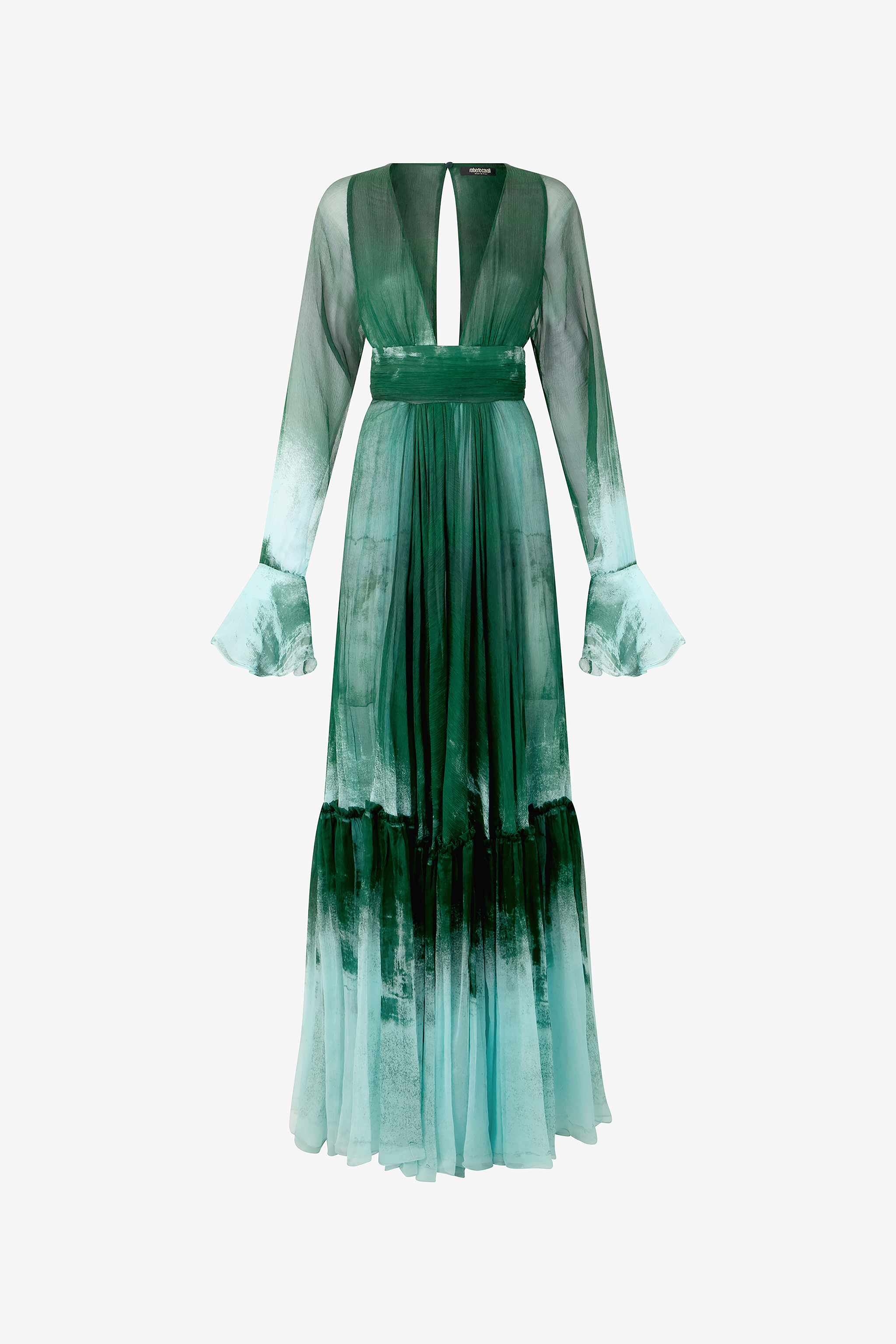 Long Empire-Style Pure Silk Dress in VERDE/PISCINA for Women