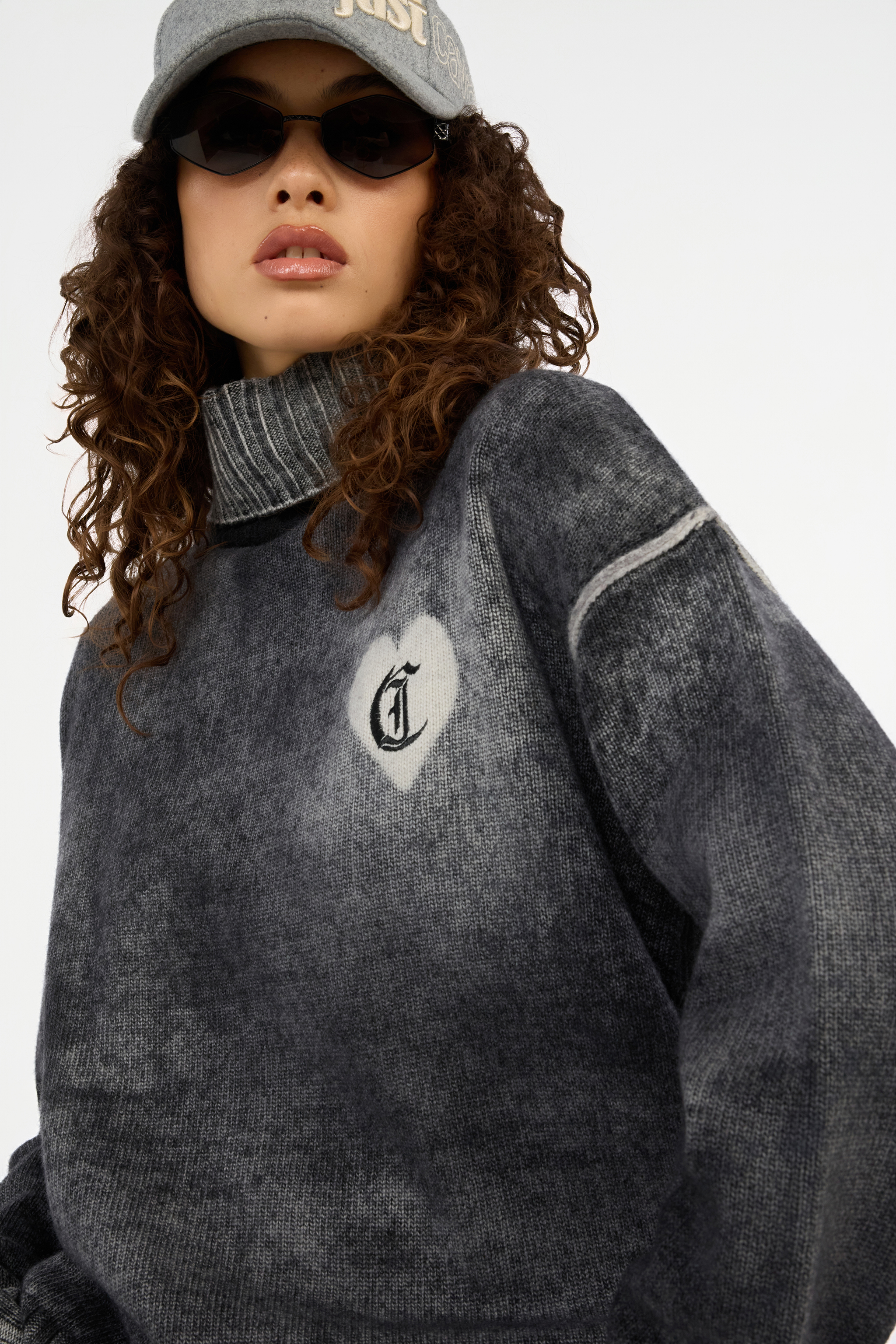 Roberto Cavalli Grey Turtleneck Sweater With Heart Logo In Gray