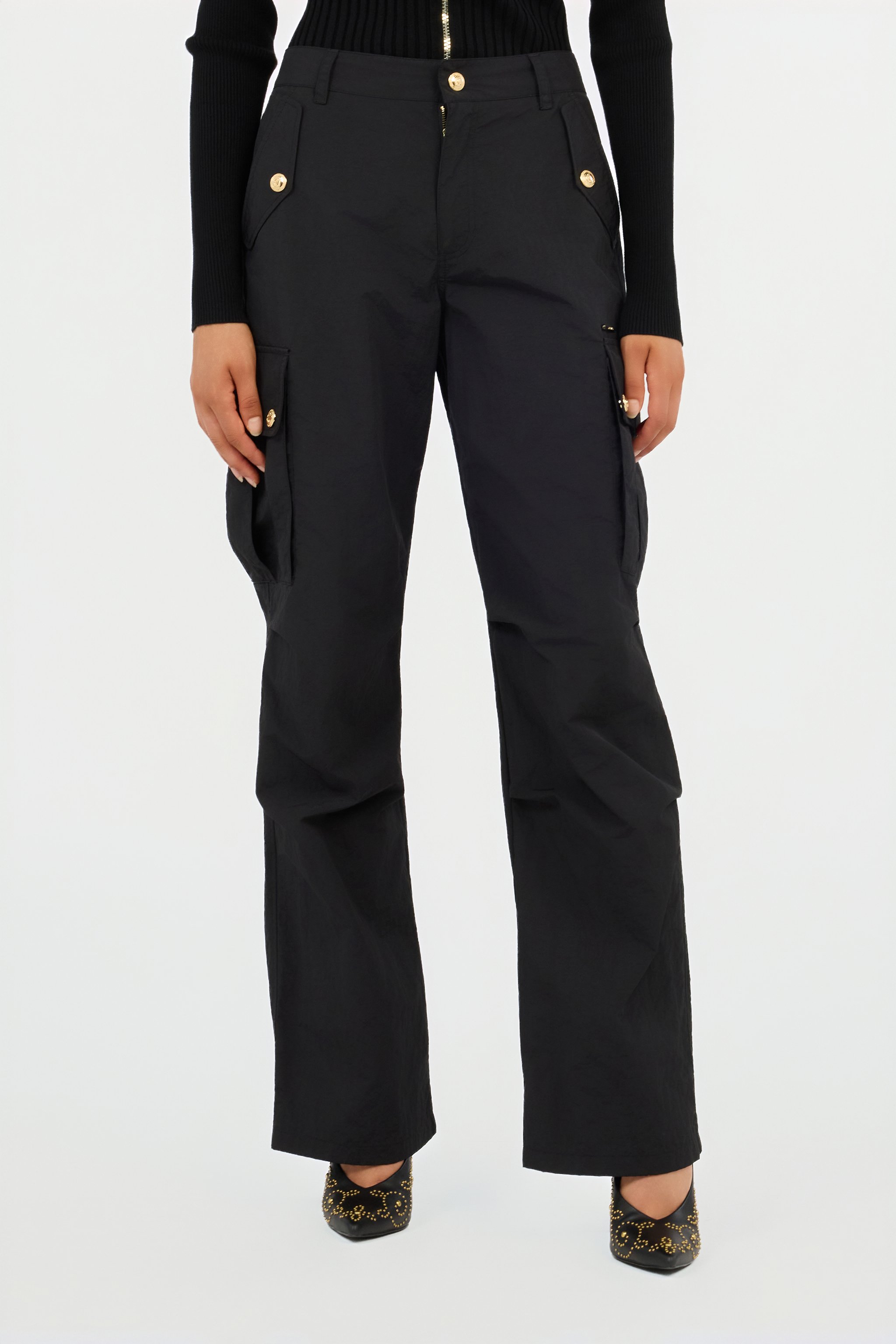 Roberto Cavalli Black Cargo Trousers With Gold Buttons In Black
