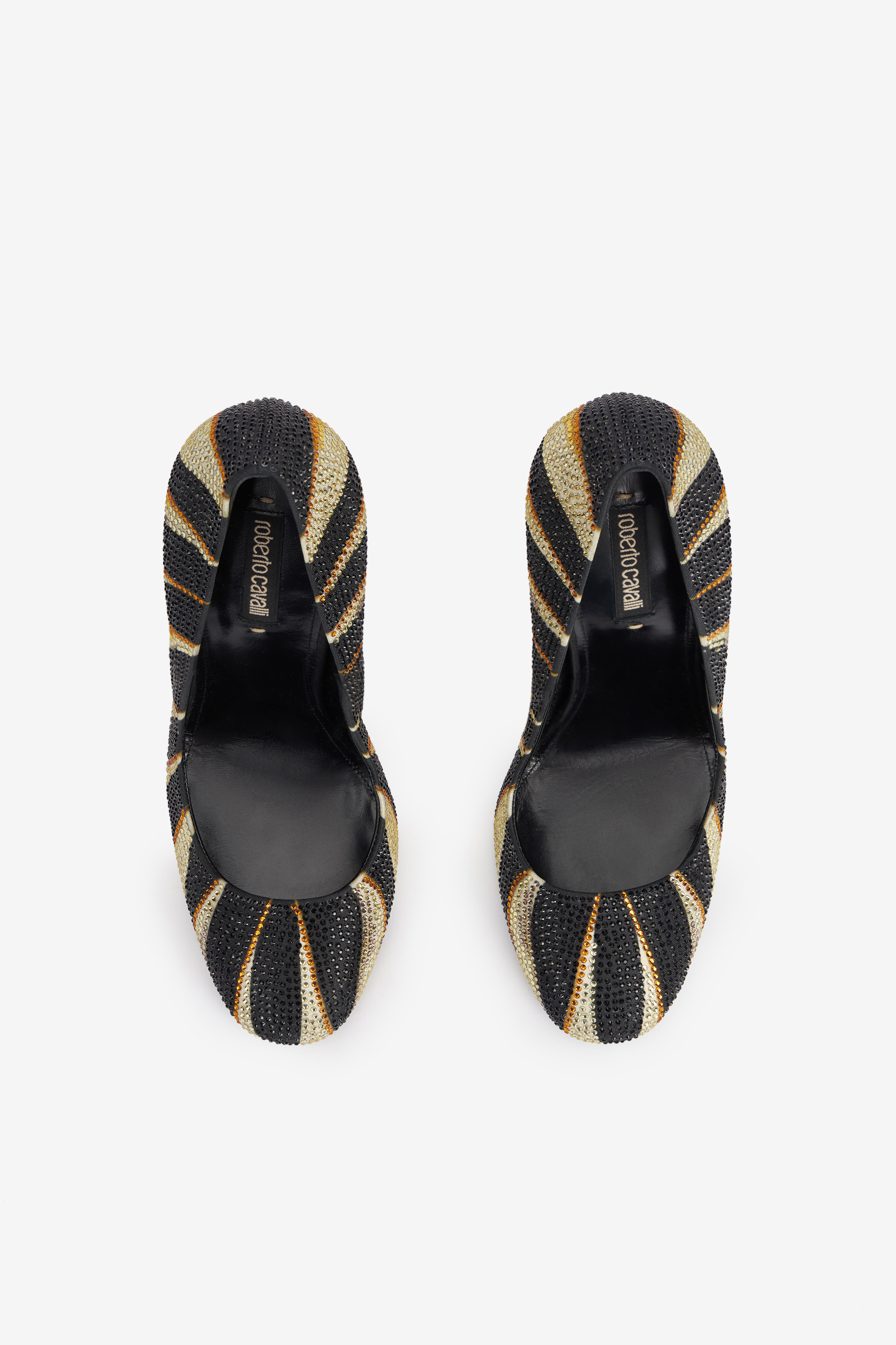 Roberto Cavalli Print Satin Pumps With Rhinestones In Gold
