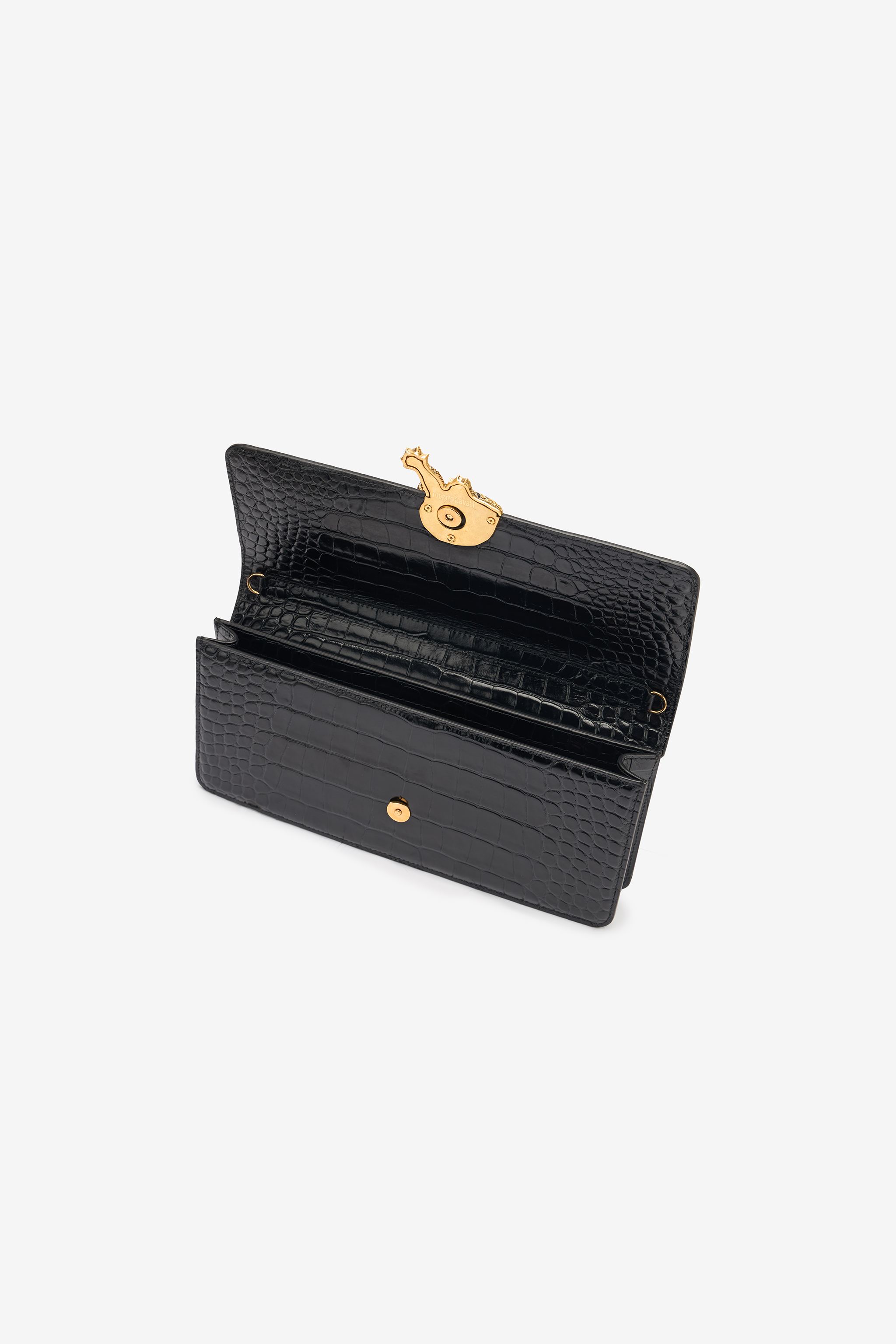 Roberto Cavalli Long Crocodile-print Roar Clutch In Black