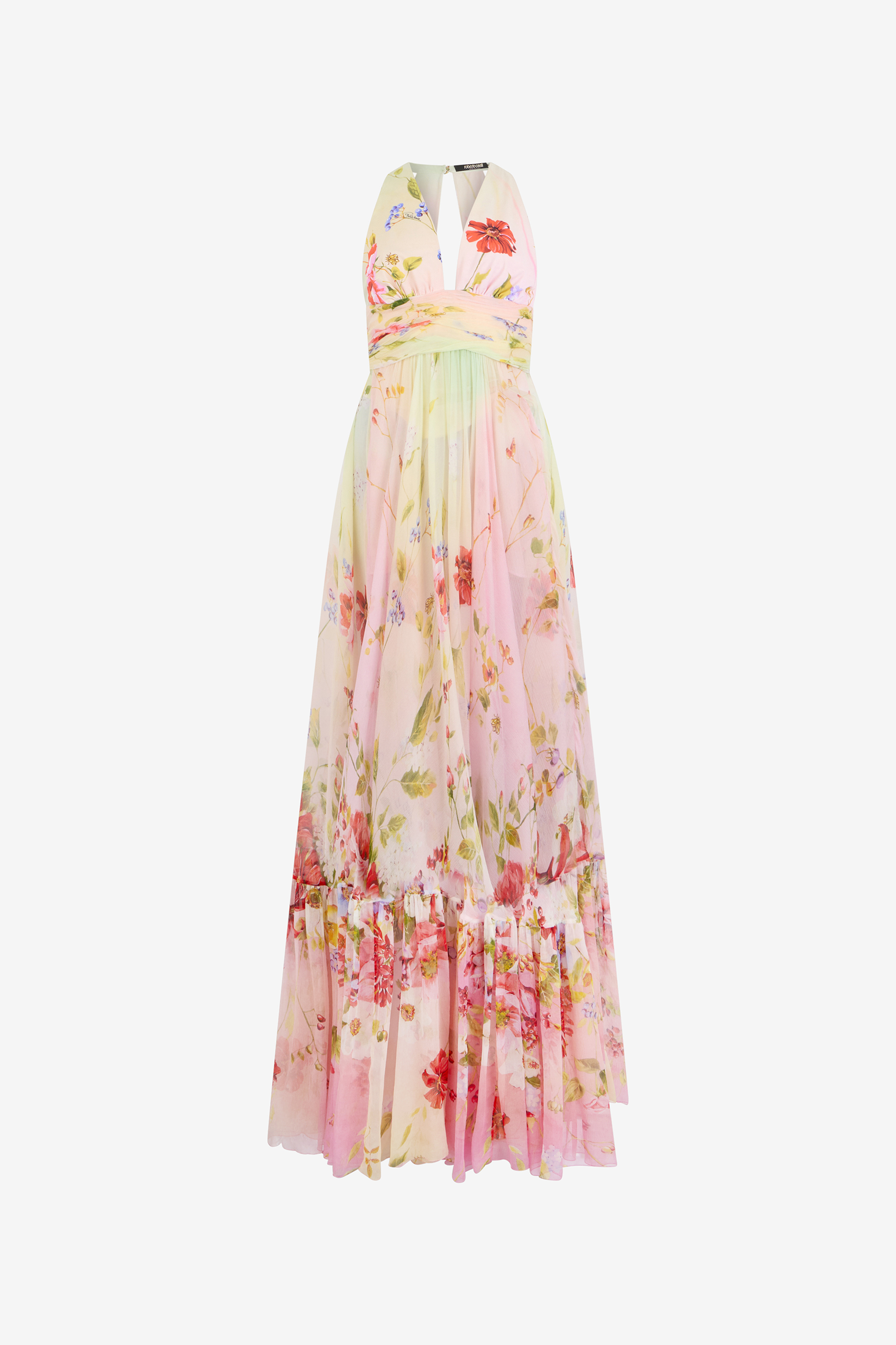 Roberto Cavalli Women's Long Chiffon Dress With Miami Flowers Print - Dresses Multicolor