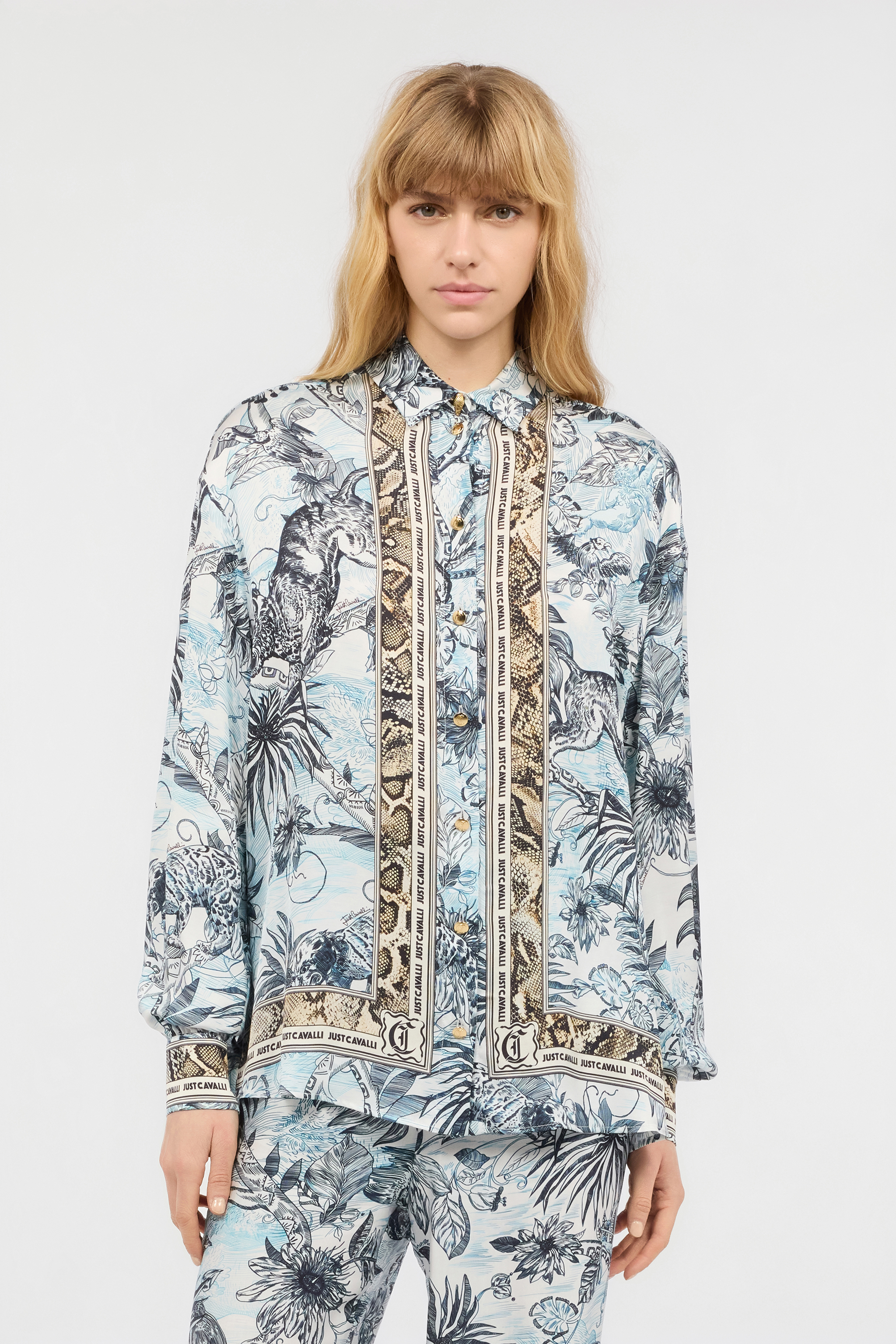 Roberto Cavalli Shirt With Python And Jungle Print In Light Blue