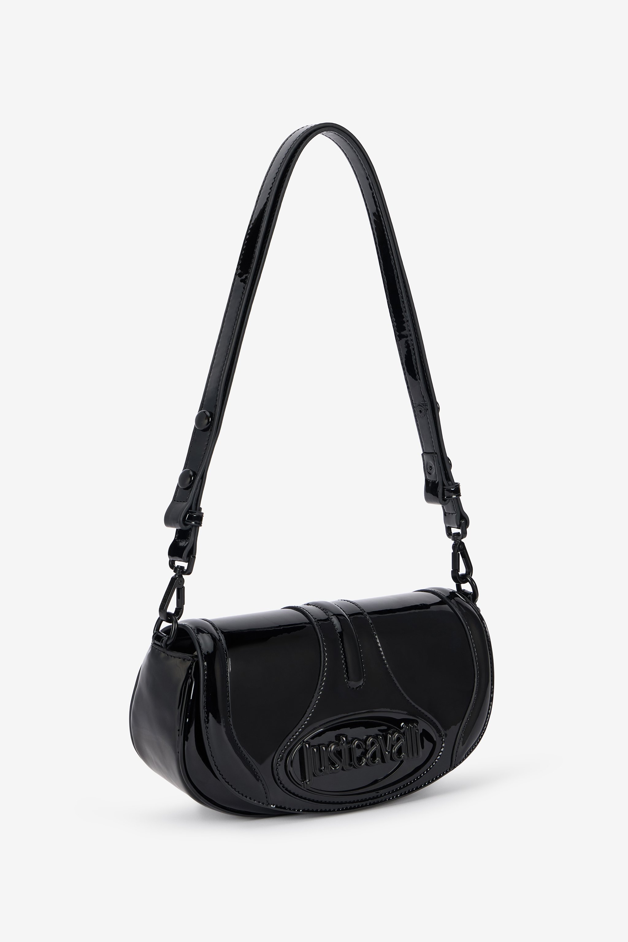 Roberto Cavalli Black Glossy Shoulder Bag With Logo In Black