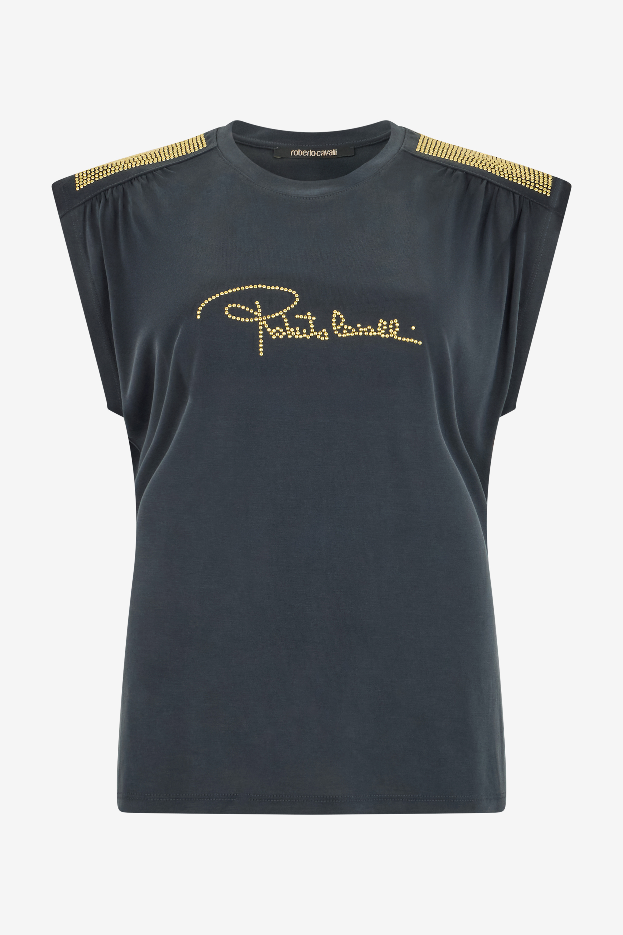 Roberto Cavalli Women's Anthracite/Black T-Shirt With Studded Shoulders - Ready To Wear