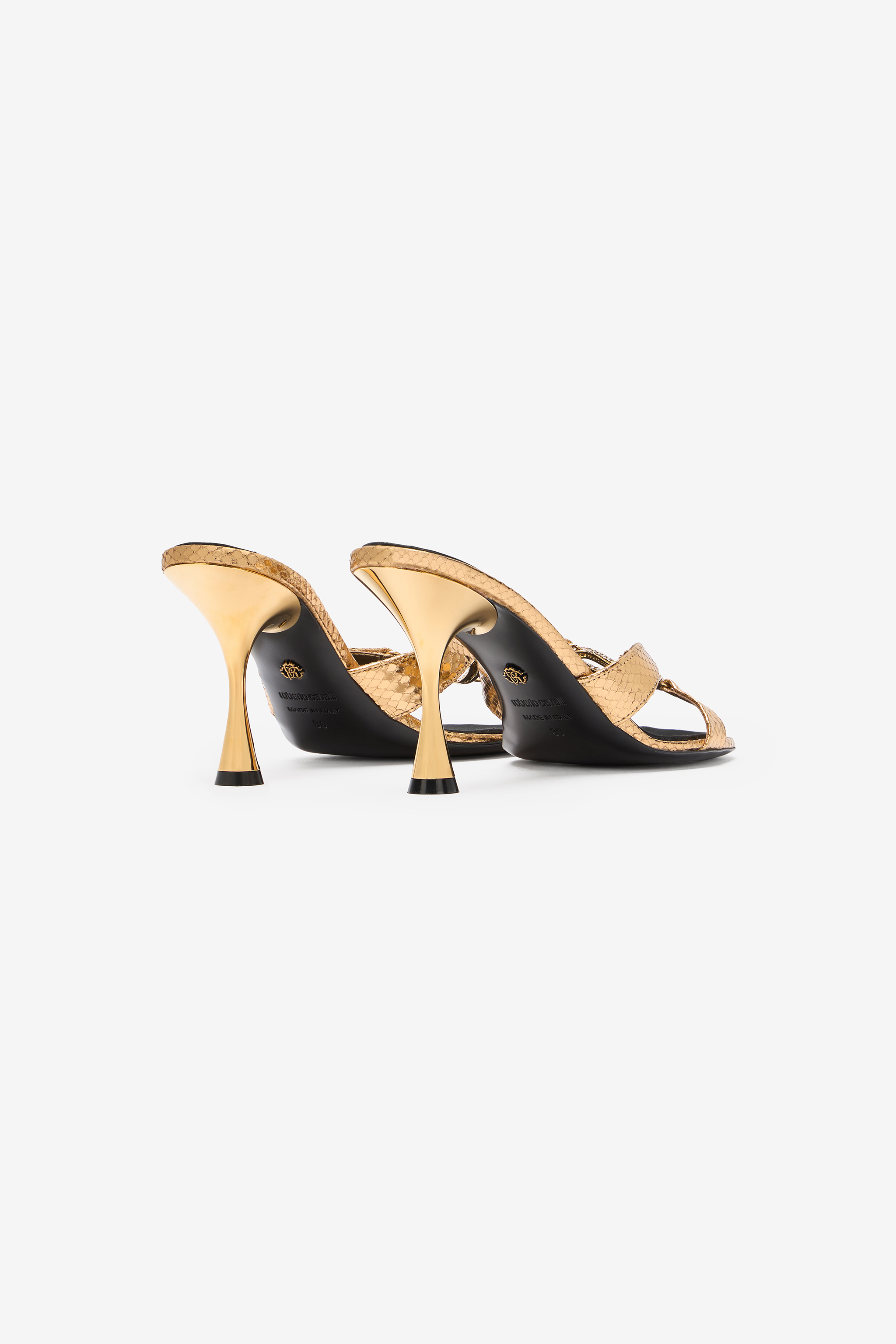 Roberto Cavalli Sandals With Snake Print And Snake Jewel In Gold